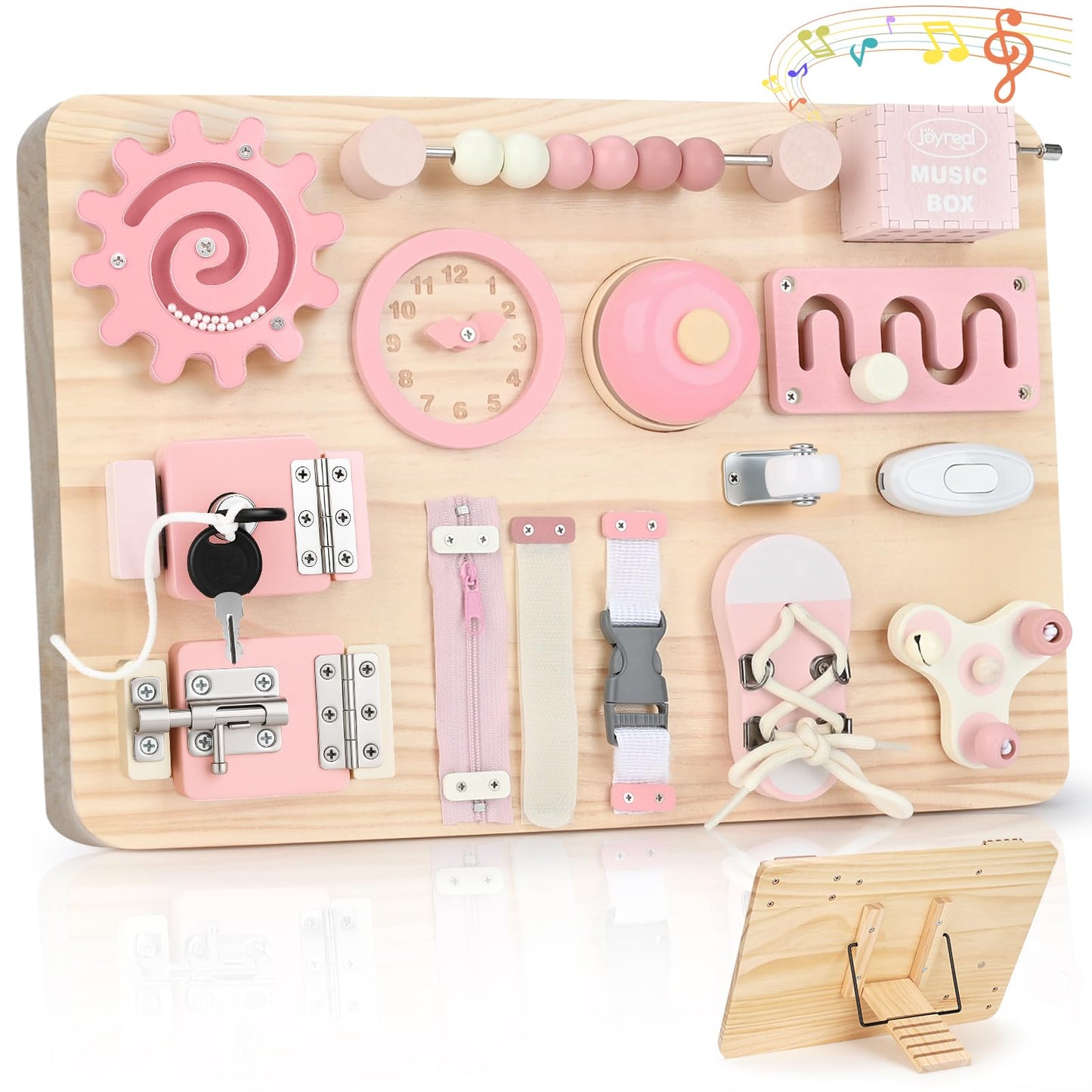 Joyreal Large Wooden Busy Board for Toddlers with Foldable Stand, 15-in-1 Montessori Sensory Toys Activity Learning Board with Music Box, Educational Gift for 1 2 3 Year Old Boys Girls