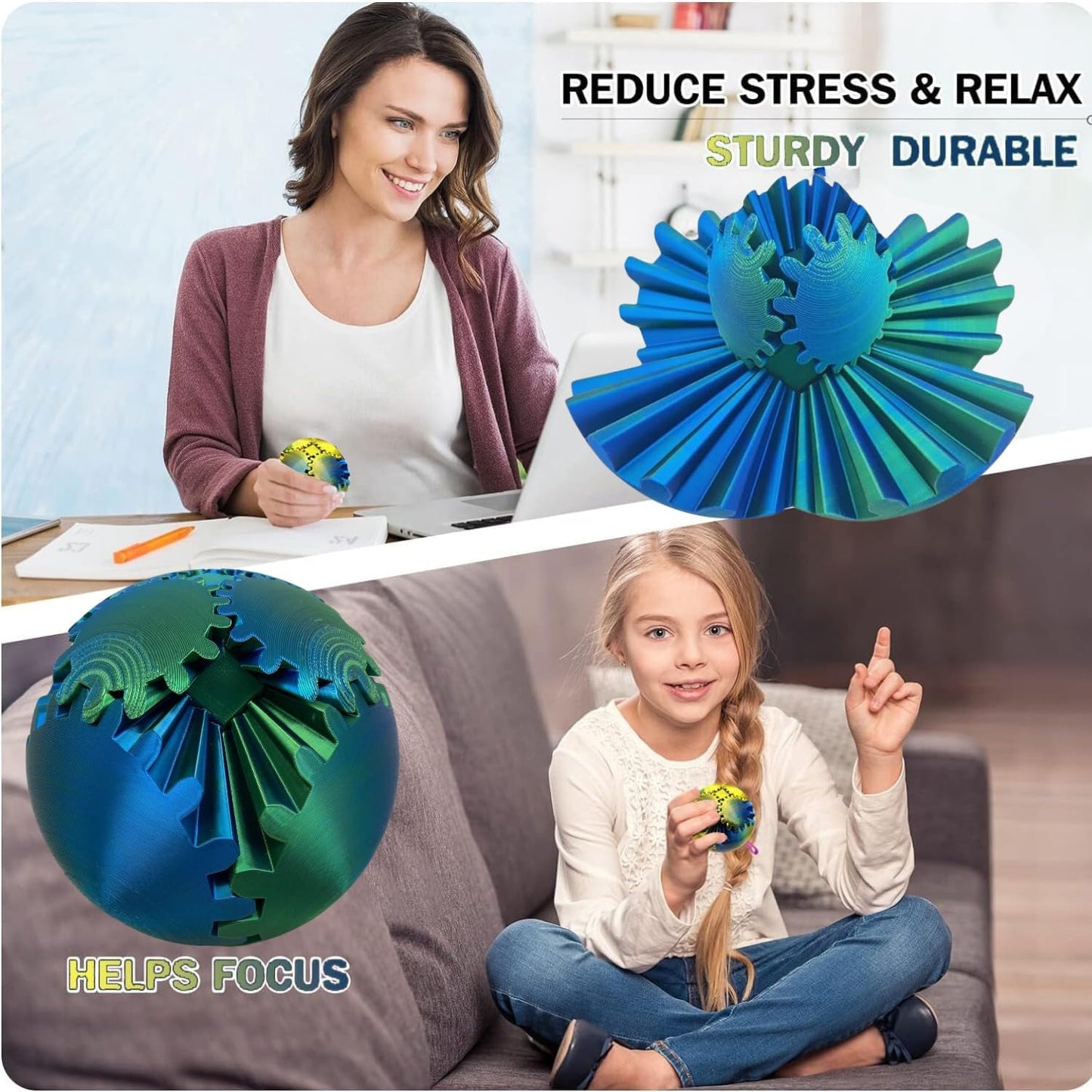 Gear Ball 3D Printed Spin Ball Cube Fidget Toys, Gear Sphere Fidget Toy, GearSphere Desk Toy Stress Fidget Balls, Fidgets Spinners for Adults & Kids Anxiety Relaxing (Laser Green Blue, 3.1 Inch)
