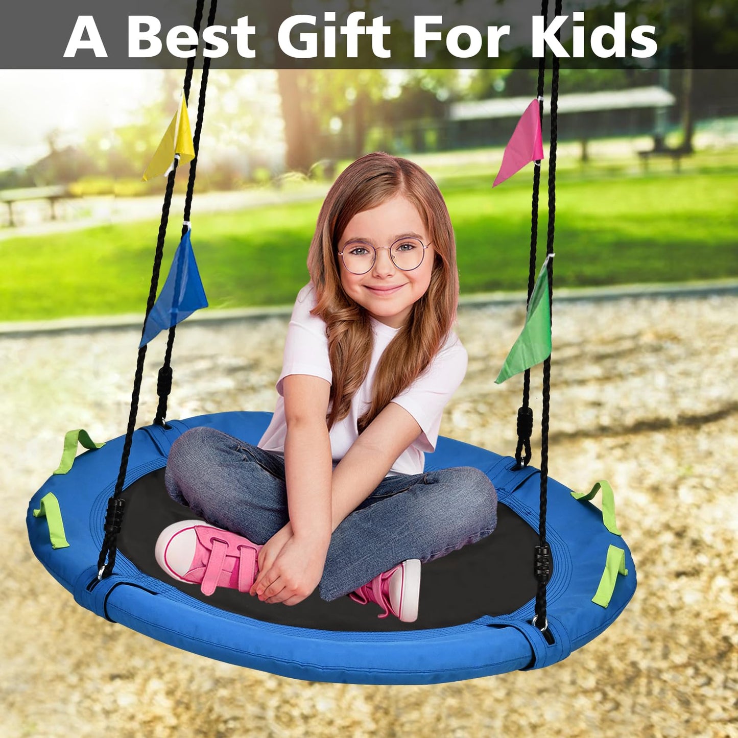 Tree Swing, Saucer Flying Swing 24 Inch for Kids, 900lbs Weight Capacity, with Adjustable Hanging Straps, for Backyard and Outdoor Playground, Gifts for Kids, Blue
