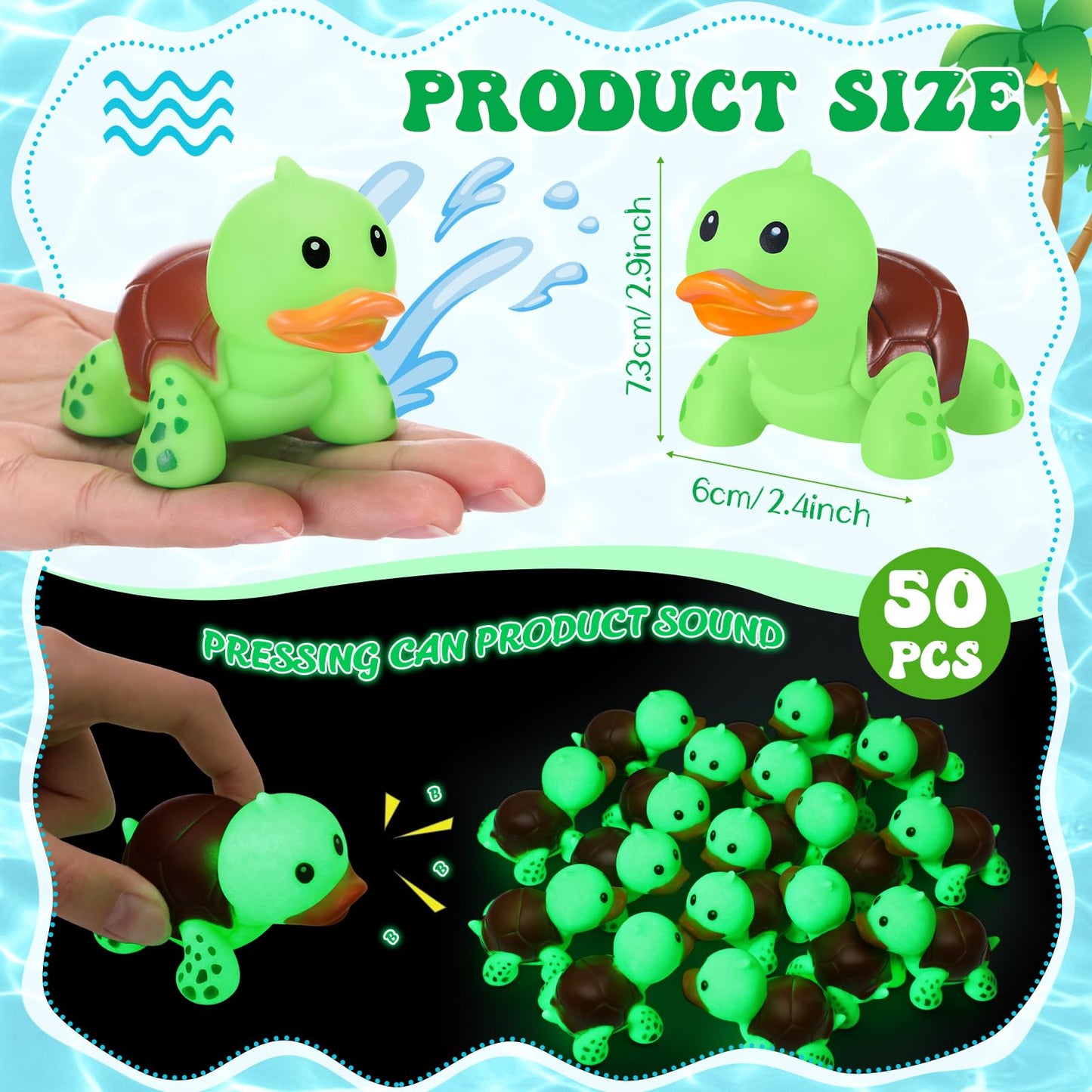 HyDren 50 Pcs Rubber Turtle Duck Glow in The Dark Cute Duck Bulk Mini Squeaky Rubber Toys Floating Bathtub Favors Gifts for Sea Carnival Valentine's Day Beach Party Decor(Green)