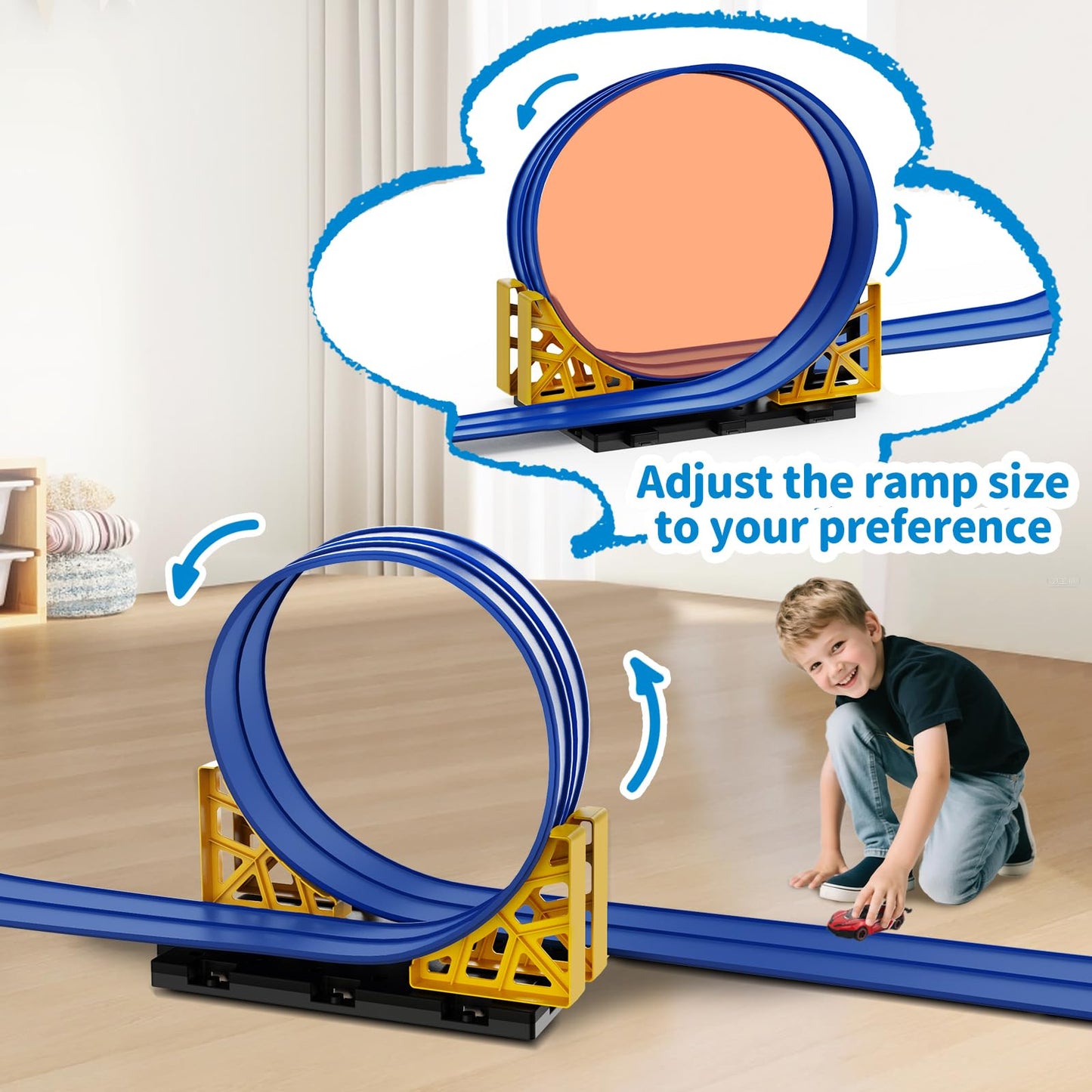 Flex Race Track 16 Ft with Suction Cups Compatible with Diecast 1/64th Cars, Flexible Car Track Toys for Ages 3+ Kids Toddlers Roll Out Portable Racetrack (Blue)