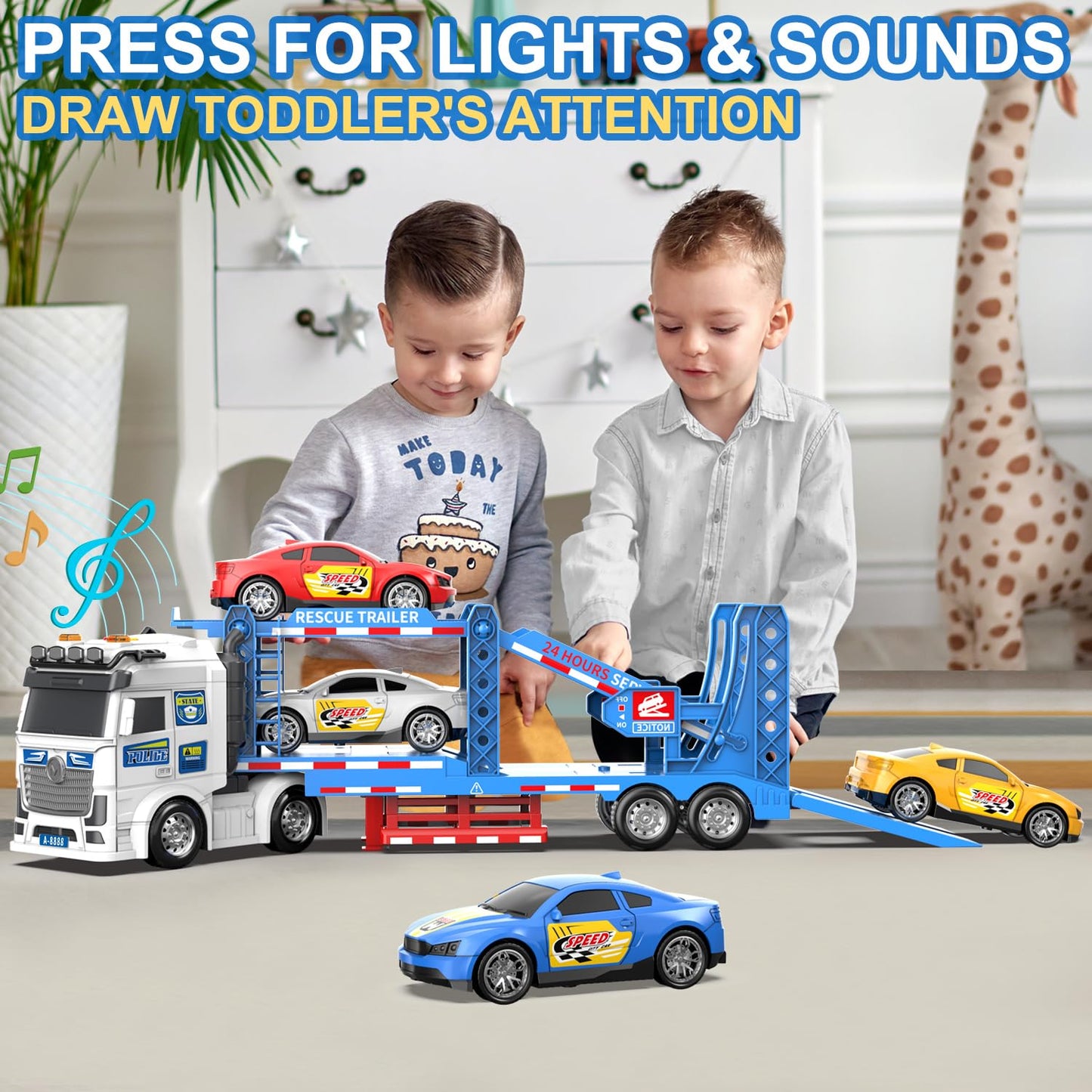 DOWELLIN Carrier Truck Race Car Toys for 3 4 5 6 7 Years Kids, 21.5" Friction Powered Double Layer Semi Transport Truck Toy with 4 Racing Cars, Lights&Sounds Vehical Toys, Xmas Gift for Boy Girl-Blue