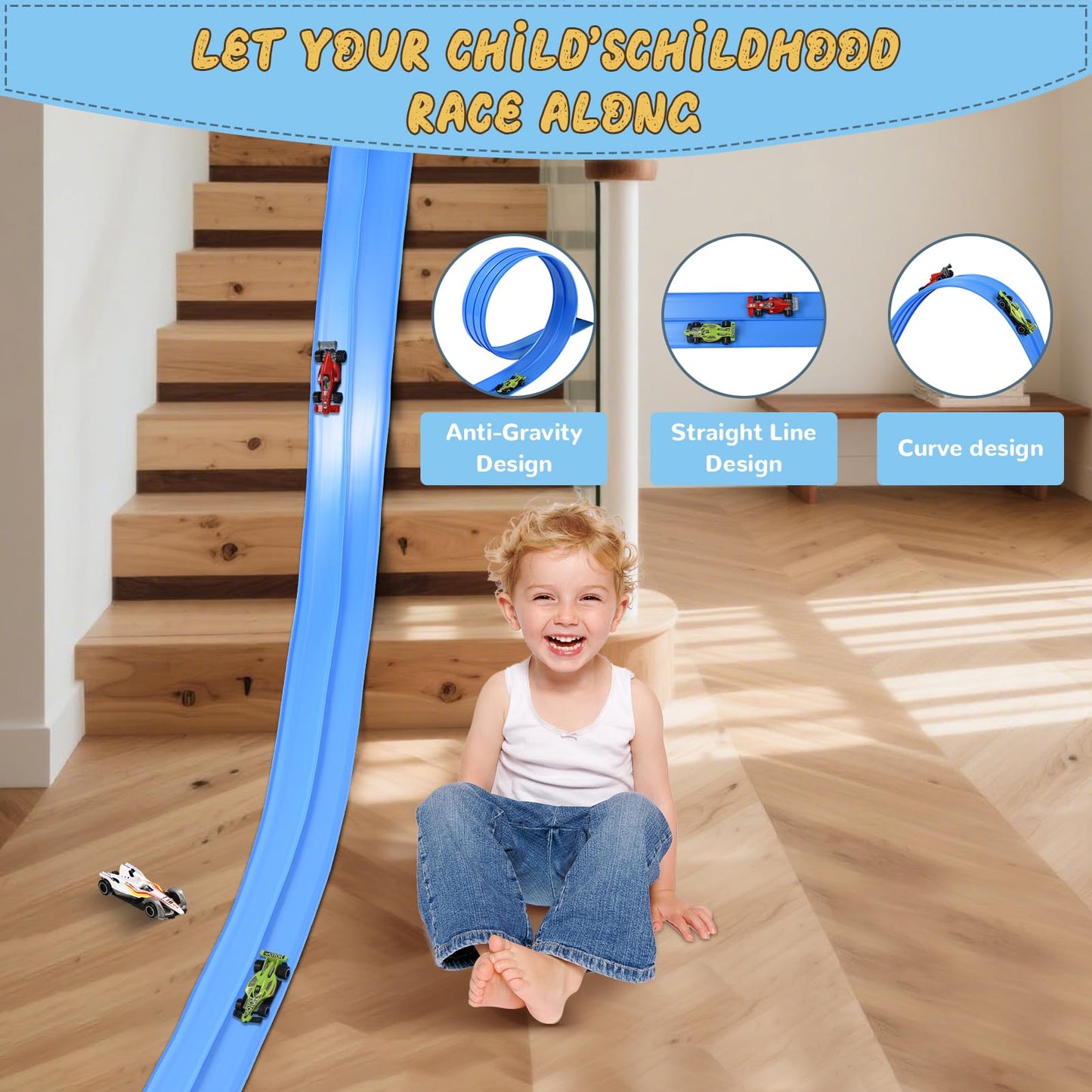 Flex Race Car Track 15 Ft for Kids 14+ Toys, with 4 Small Racecars, Suitable for Hot Wheels and Diecast 1/64th Cars, Rolls Up Race Tracks with Strong Suction Cups