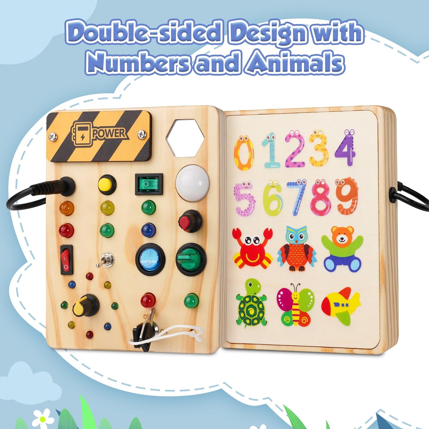 Sabdrau Montessori Busy Board Toys: Wooden Sensory Toy for Toddler with LED Light Up Switch, Educational/Christmas/Birthday Gifts for 1-3 Year Old Boys & Girls