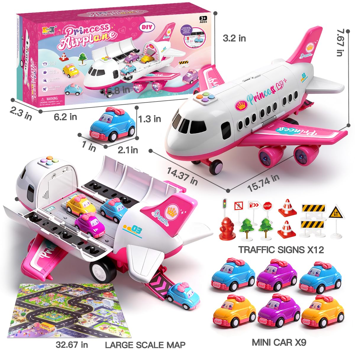 Pink Airplane Toy with Princess Cars and Play Mat,Plane with Lights and Sounds for 2 3 4 5 6 7 Year Old Toddler Girls,Birthday Gift Idea for Kids