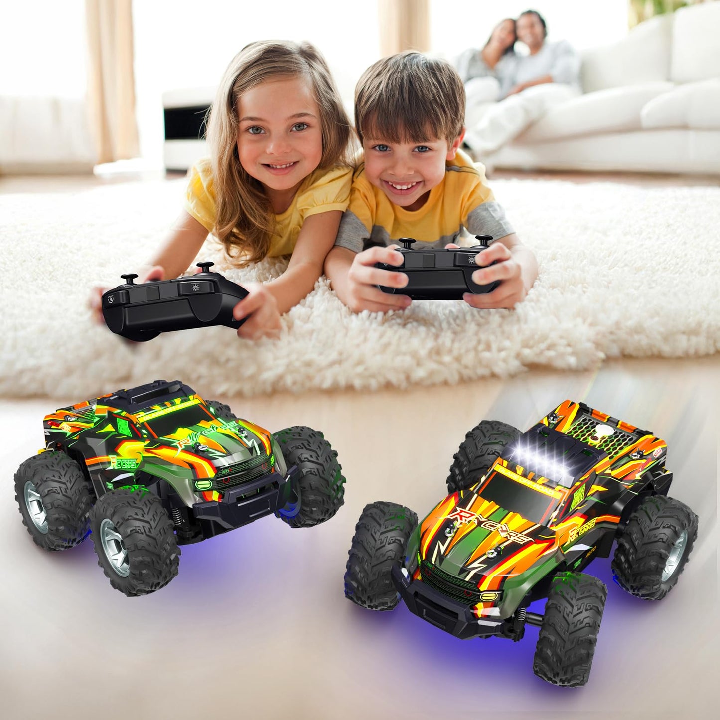 Remote Control Car for boys, 1:16 Scale All Terrain RC Cars,High Speed 25Km/h Fast Car with Colorful Led Light and spray, 2x1300mAh Rechargeable Battery RC Truck, Toy Car Gift for Teen Boys Girl Kids