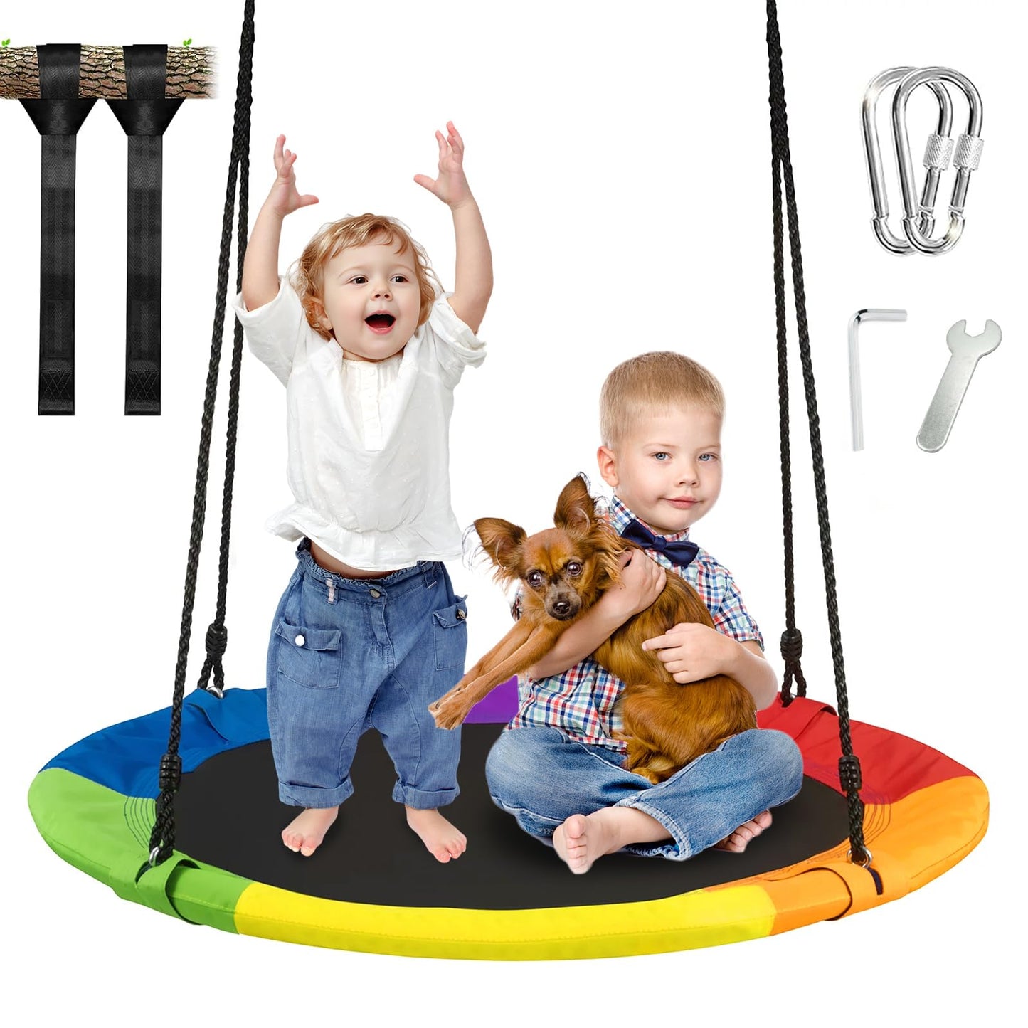 BRVJEMP 40 Inch Saucer Tree Swing for Kids Outdoor,Disc Round Swing with Waterproof Textilene Fabric,500Lb Weight Capacity,Kids Playground Outdoor Activity Backyard Fun (Multicolor)