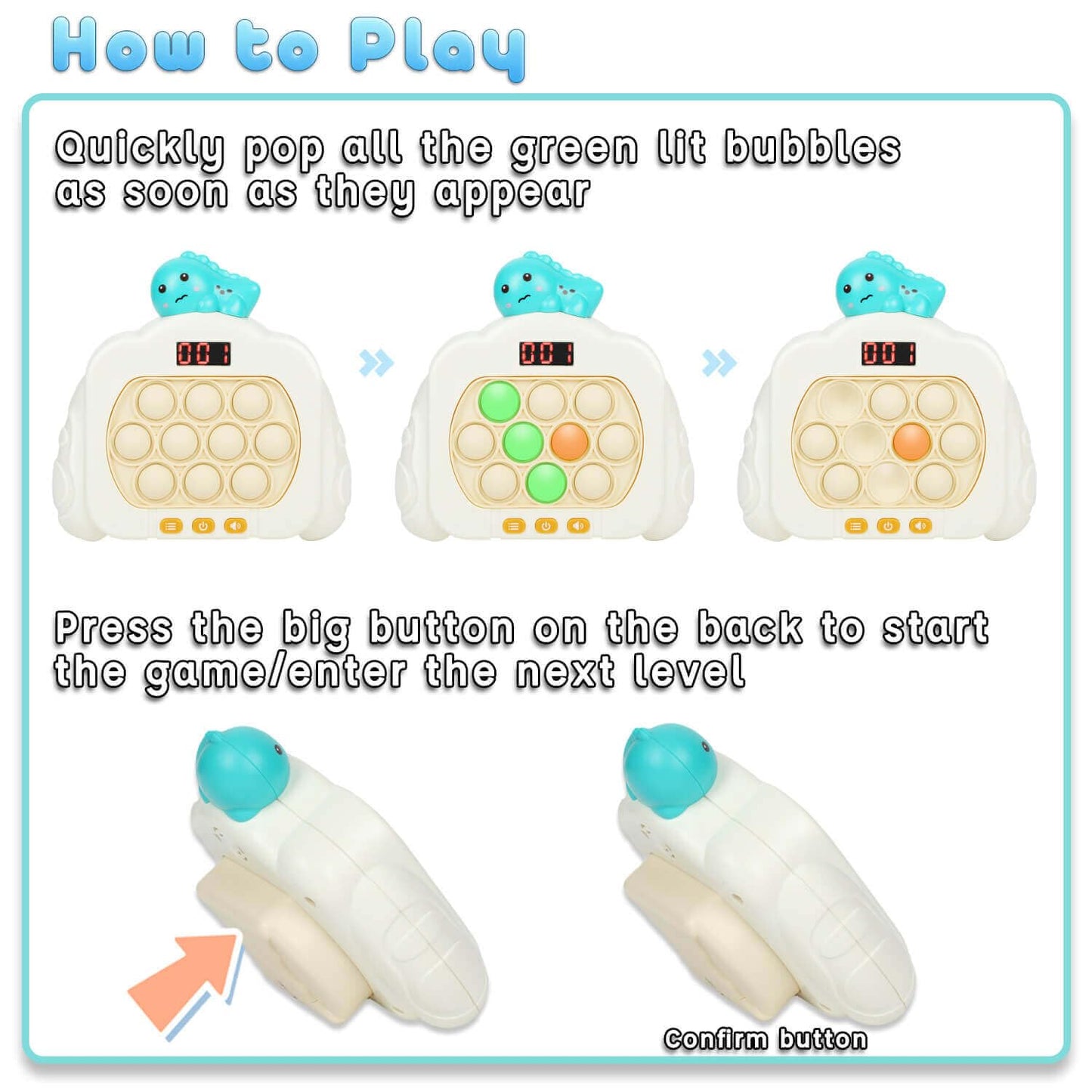 Quick Push Pop Game Fidget Toys, 12 Modes LED Screen Light Up Fast Push Bubble Game, Handheld Speed Pushing Game, Christmas Toys Gifts for 6 7 8 9 10 11 12 Years Old Kids Stocking Stuffers（Dinosaur）