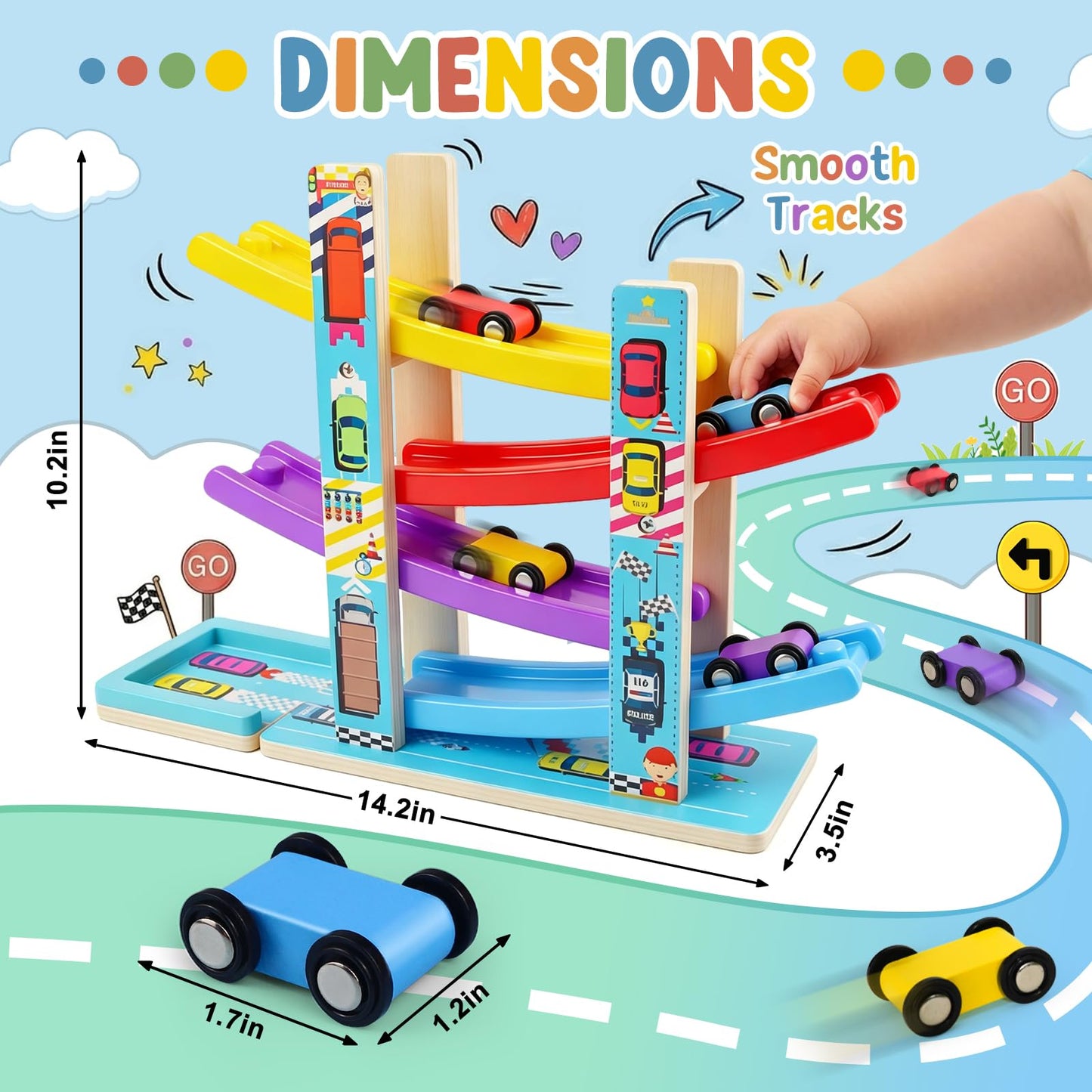 Montessori Toys for Toddlers, Children Race Track Toy with 4 Cars and 1 Wooden Parking Lot, Stable Base, Car Ramp Toy for 1 2 3 Year Old Boy Girl Gifts
