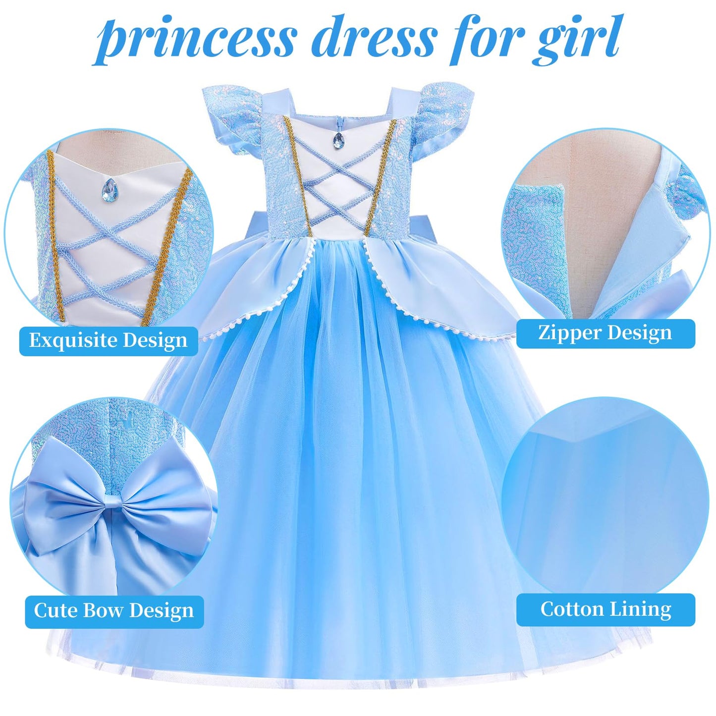 G.C 11PCS Light Up Cinderella Costume Dress for Girls Kids Princess Dress Up Clothes with Crown Wand Earrings Necklace Gloves Toys Accessories Halloween Cosplay Outfit for Little Girls Toddlers