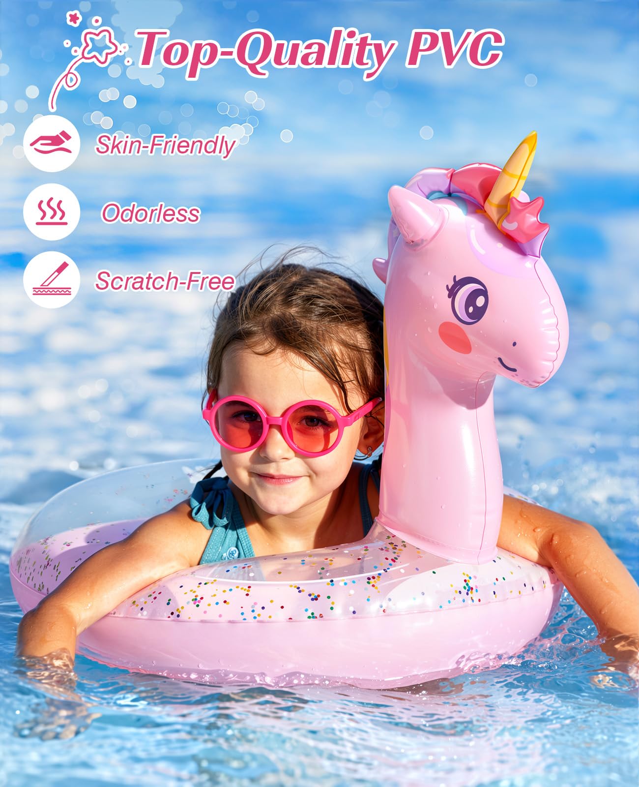 HeySplash Inflatable Pool Float, 21.6 Inch Toddler Pool Float, Unicorn Pool Toys with Sparkling Sequins, Swimming Ring for Swimming Pool, Summer Beach, Lake, Party Decor, Pink