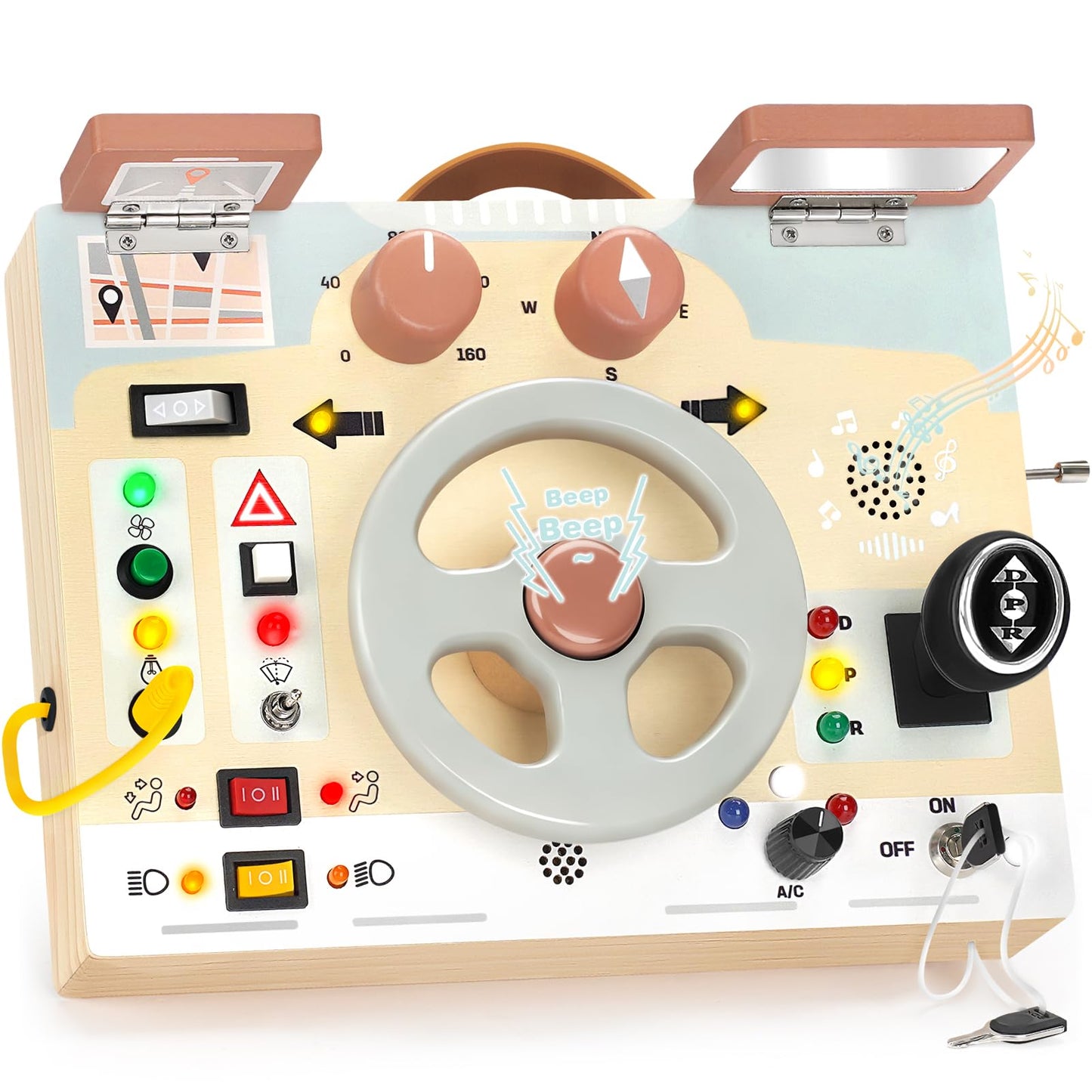 Joyreal Montessori Toddler Busy Board - Montessori Toys for 1 2 3 Years Old, Wooden Sensory Board with LED Lights, Steering Wheel, Music Player, Travel Toys for 1+ Year Old Boy & Girl Birthday Gift