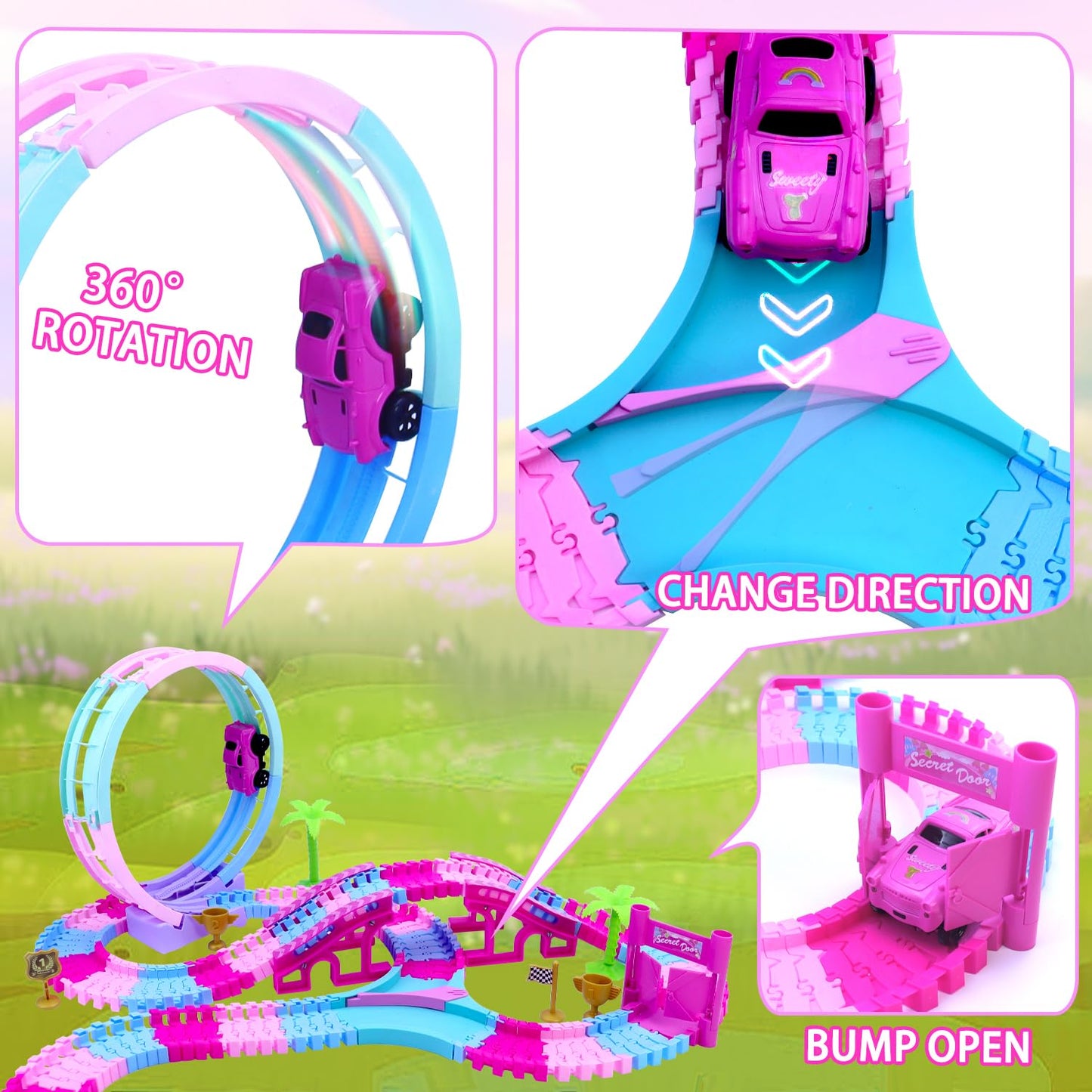 178 PCS Track Toy, Pink Racing Tracks Toys for 3 4 5 6 Year Old Girls, Flexible Tracks Car Magic Bendable Race Track Princess Toys with Light & Music for Toddlers, Kids and Girl Xmas Birthdays Gifts