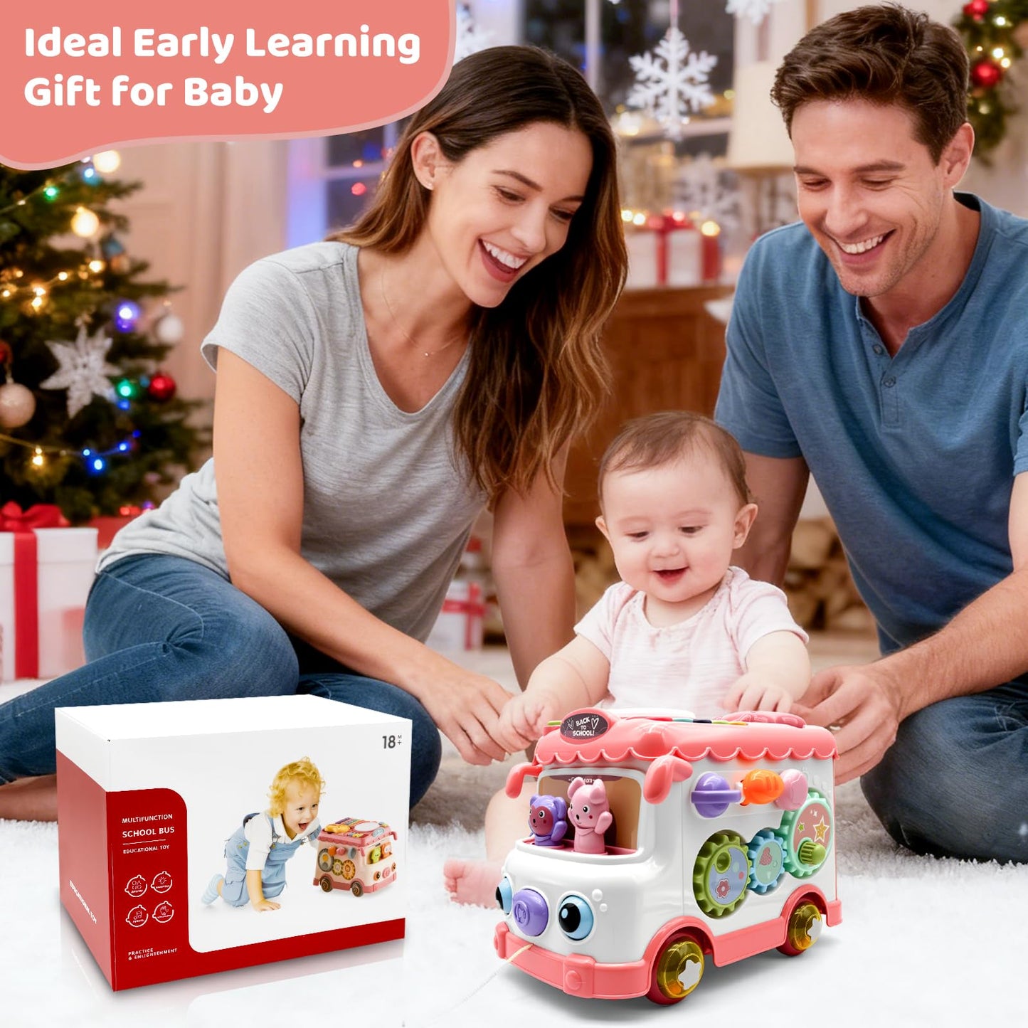 DELUTIQUE Baby Bus Toy for 1 Year Old Girl Gifts, Montessori Musical Bus Toy for Baby 12-18 Months, Baby Piano Drums for Toddlers 1-3, Shape Sort Toys 1st Birthday Gifts for Girls