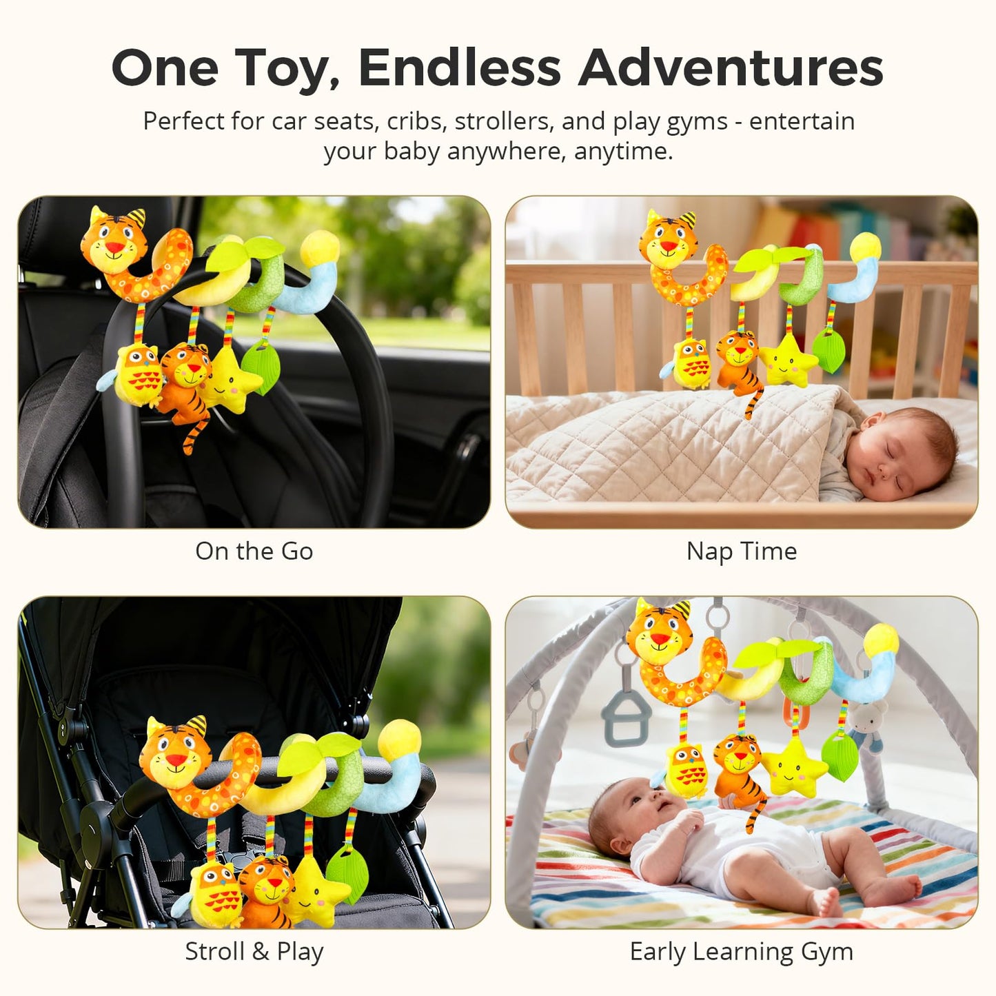 Carseat Toys Hanging for Babies 0-6-12 Months – Plush Spiral Car Seat Toys with Rattles, Crinkle & Teether – Stroller, Crib Hanging,for Baby Gym