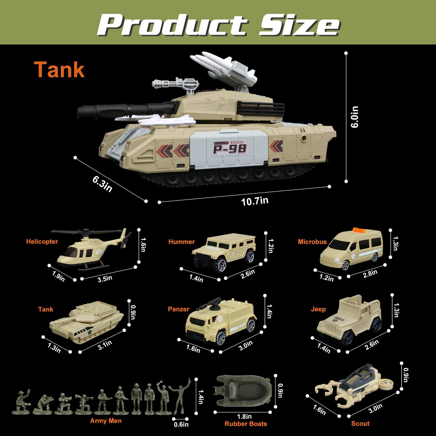XDUOYJOY Military Tank Toy Sets, Army Toys with 7 Vehicles, Army Men Trucks Helicopter Birthday Gift for Boys Age 4-7, Easy to Store