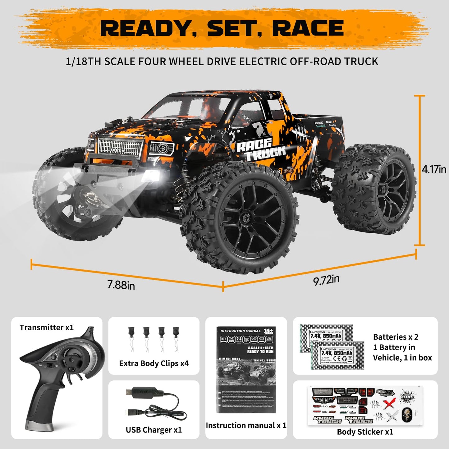 HAIBOXING 1:18 Scale RC Monster Truck 18859 36km/h Speed 4X4 Off Road Remote Control Cars,Waterproof Electric Powered RC Cars All Terrain Toys Vehicles with 2 Batteries, Xmas Gifts for Kid and Adults