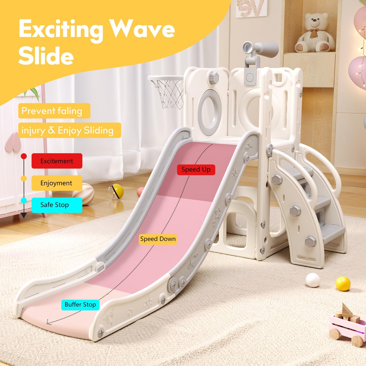 Baotree 6 in 1 Toddler Playset with Slide, Kids Slide with Basketball Hoop, Ball, Ring Toss, Indoor Outdoor Toys (White Grey)