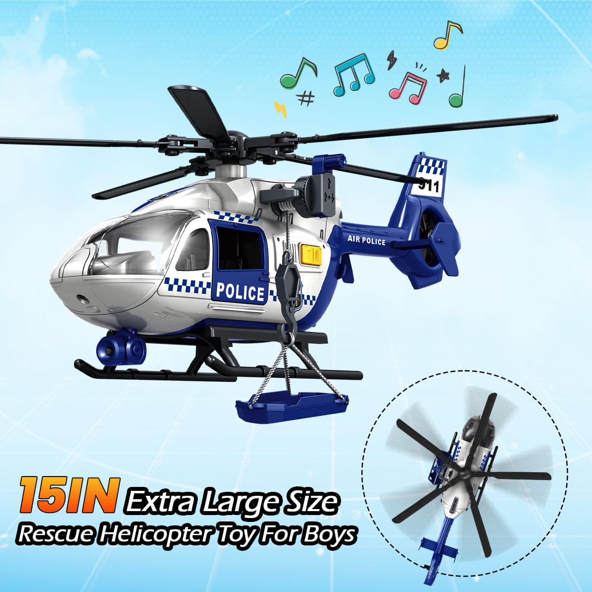Police Toys Helicopter 15-in Airplane Toys for Kids with Hanging Basket Sounds and Lights for Boys Ages 3 4 5 6 7