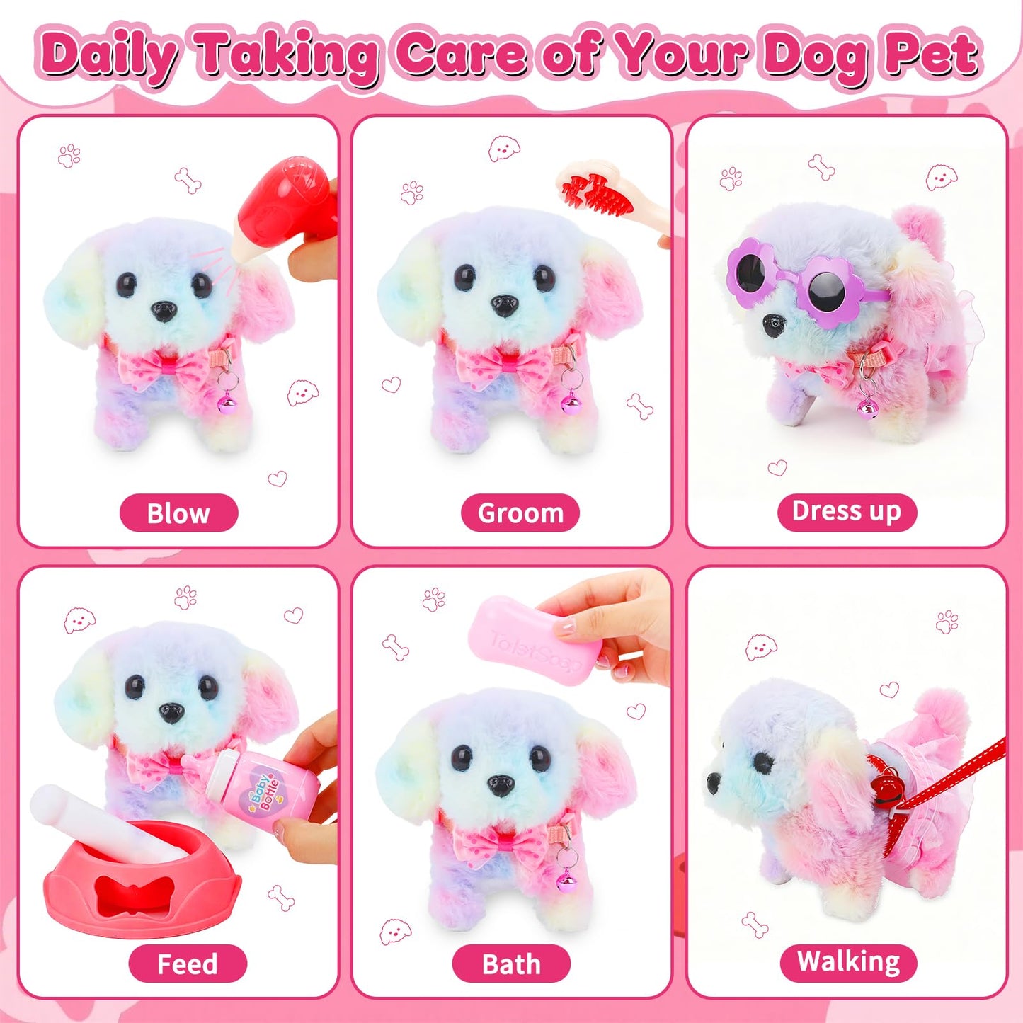 Learn2M 13Pcs Dog Toys for Kids Girls, Pretend Puppy Stroller Playset for Toddler, Electronic Interactive Walking Barking Dog Toy, Pet Care & Feeding Accessories Birthday Gifts for Little Girl 3 4 5 6