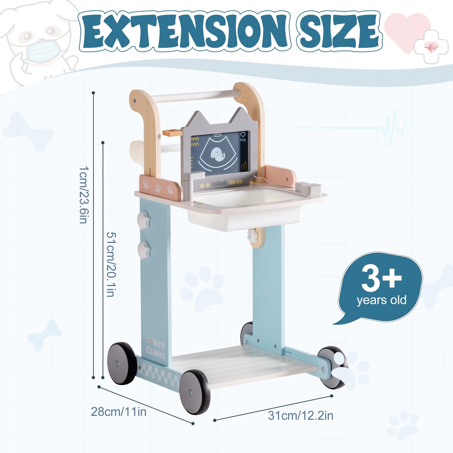 ROBUD Toddler Doctor Play Set, Complete Doctor Kit for Kids with Adjustable Height and Medical Tools, Wooden Pretend Play Pet Doctor Cart for Kids Aged 3+, Vet Kit for Imaginative Role Play Fun