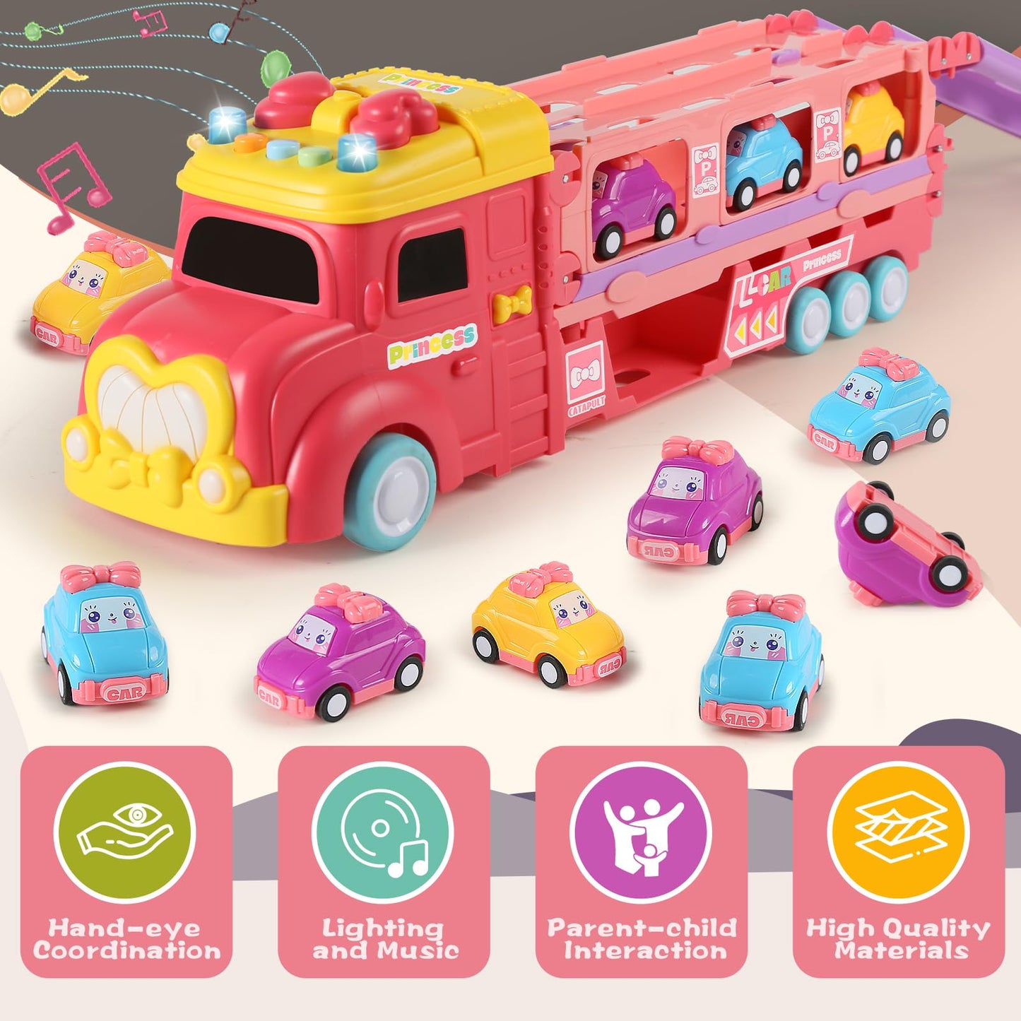 aruemp 12 in 1 Princess Carrier Truck with Girls Car Toys, 2-Player Race Mode Friction Power Toy Cars with Light & Music for 3 Year Old Girls Birthday Gifts