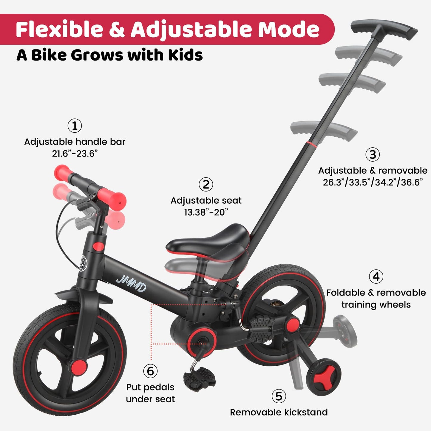 JMMD 6 in 1 Toddler Bike with Push Handle for Kids 18-60 Months, 12" Foldable Balance Bike with Training Wheels, Pedals, Brakes, Kickstand, Push Tricycle Toddler Gift & Toys for Boy & Girl