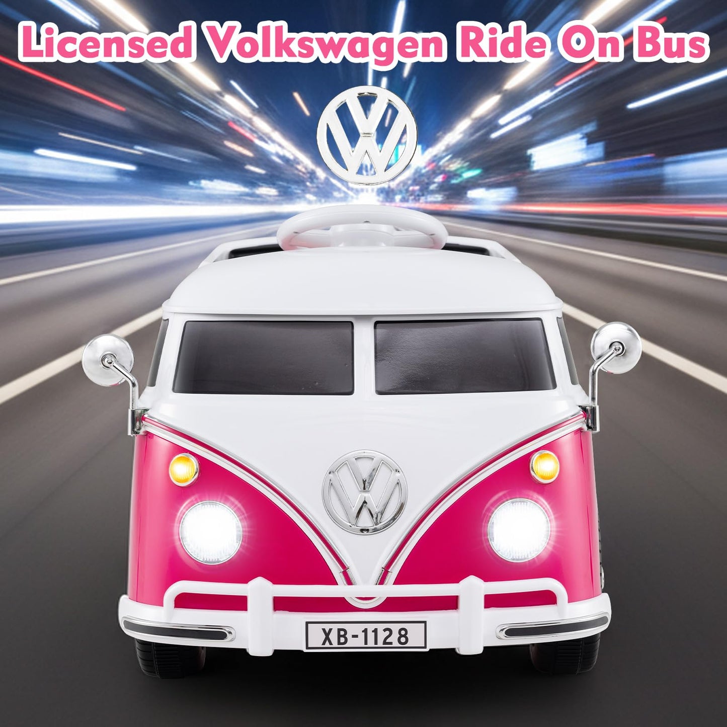 Costzon Ride On Car, 12V Licensed Volkswagen Kids Car Bus with Cup Holder, LED Headlights, Music & Horn, Electric Vehicle with Pedal Control, Soft Start & 2-Level Speed for Boys & Girls Aged 3+ (Pink)