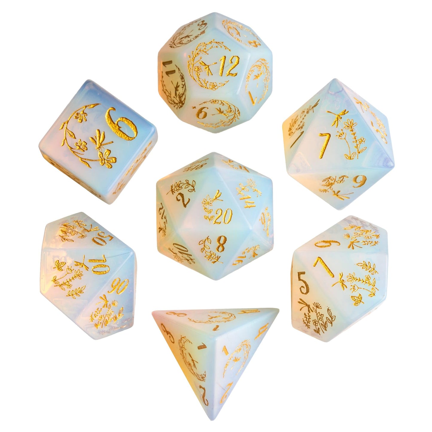 UDIXI Opal Stone DND Dice Set, 7PCS Gemstone Dice Set D&D with Gift Case for Role Playing Games and Tabletop Games (Dragonfly and Flower)