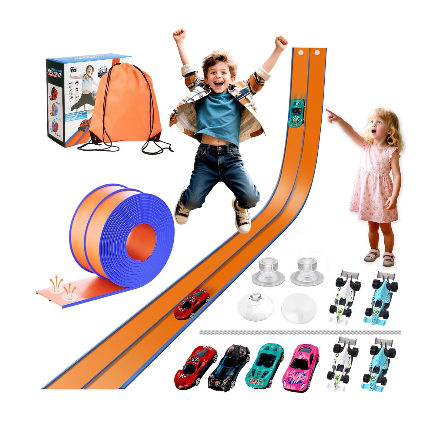 Flexible Car Track for Kids: 15 Ft of Portable Roll-Up DIY Flexible Race Track with 8 Cars & 4 Strong Suction Cups Car Ramp Toy Track, – A Great Birthday for Boys & Girls Ages 3+ (Orange-Blue)
