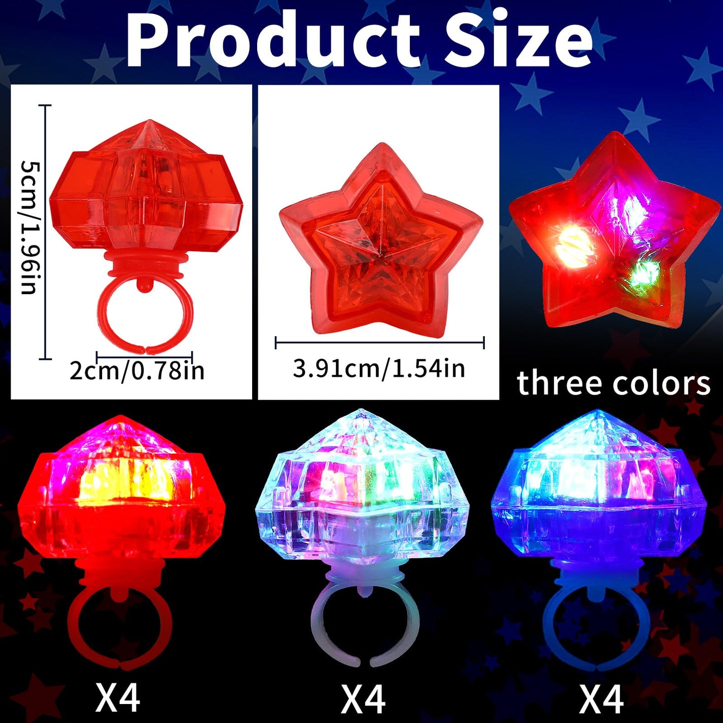 NORWANG 12 Pack Patriotic Light Up Rings, 4th of July Party Favors Red White Blue Glowing Star Accessories Finger Lights for Adults Memorial Day Independence Day Decoration Gifts Toy