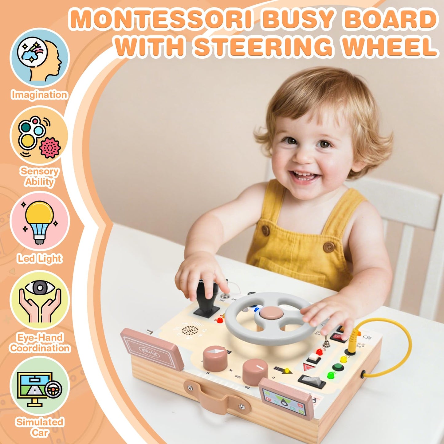 Joyreal Montessori Toddler Busy Board - Montessori Toys for 1 2 3 Years Old, Wooden Sensory Board with LED Lights, Steering Wheel, Music Player, Travel Toys for 1+ Year Old Boy & Girl Birthday Gift