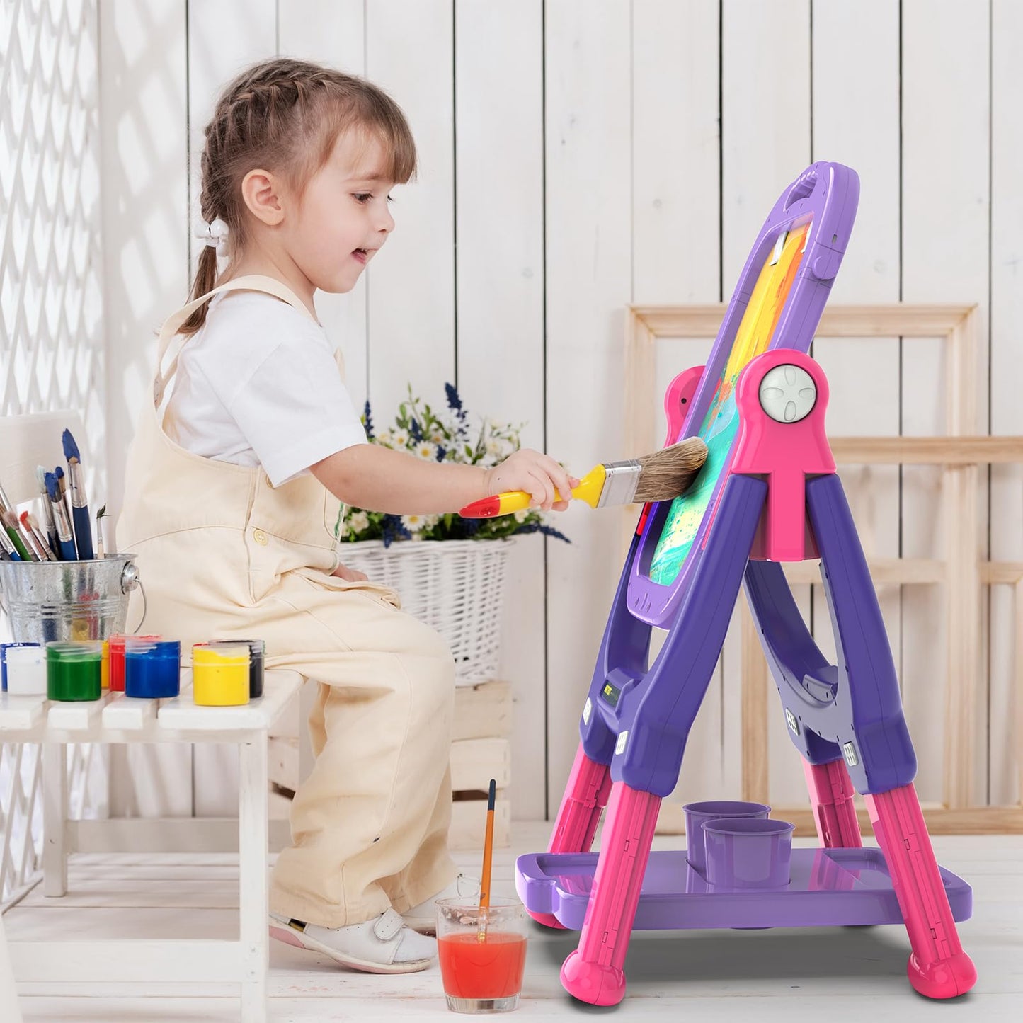 Ylovetoys Easel for Kids, Toddler Art Easel Adjustable Standing, Magnetic Double Sided Easel with Painting Accessories Gift for Boys and Girls (Purple red)
