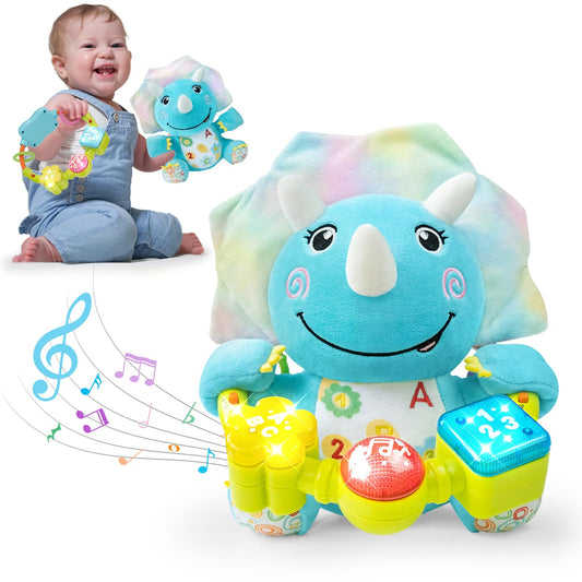 Holaxander Baby Dino Musical Stuffed Animals Toy with Light-Up Music & Crinkle Sound Paper,Infant Bilingual Early Learning Education Toys,Tummy Time Toys for 0-3-6-12+ Months Boy Girl