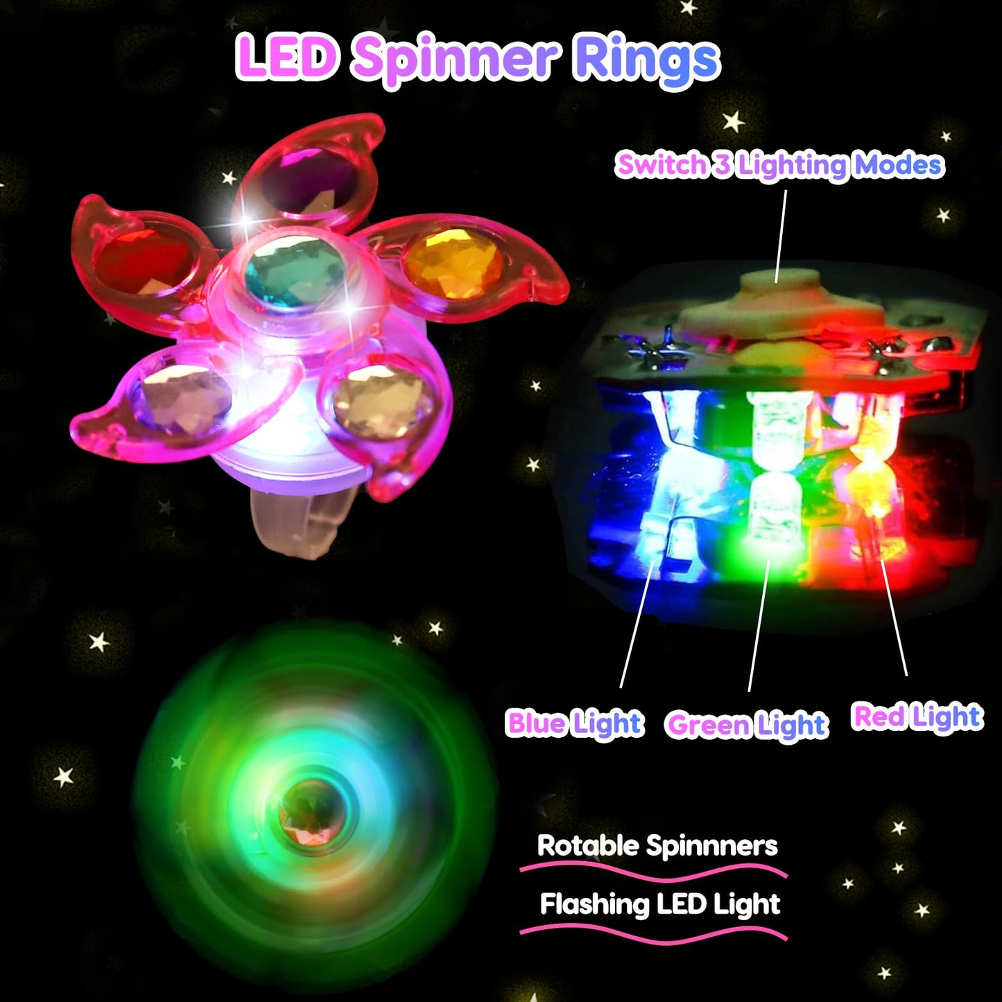 24PCS LED Light Up Fidget Spinner Rings Glow Party Favors Bulk for Kids 4-8 8-12 Summer Goodie Treat Bags Stuffers Pinata Fillers Carnival Prizes Classroom Treasure Box Toys Birthday Return Gifts