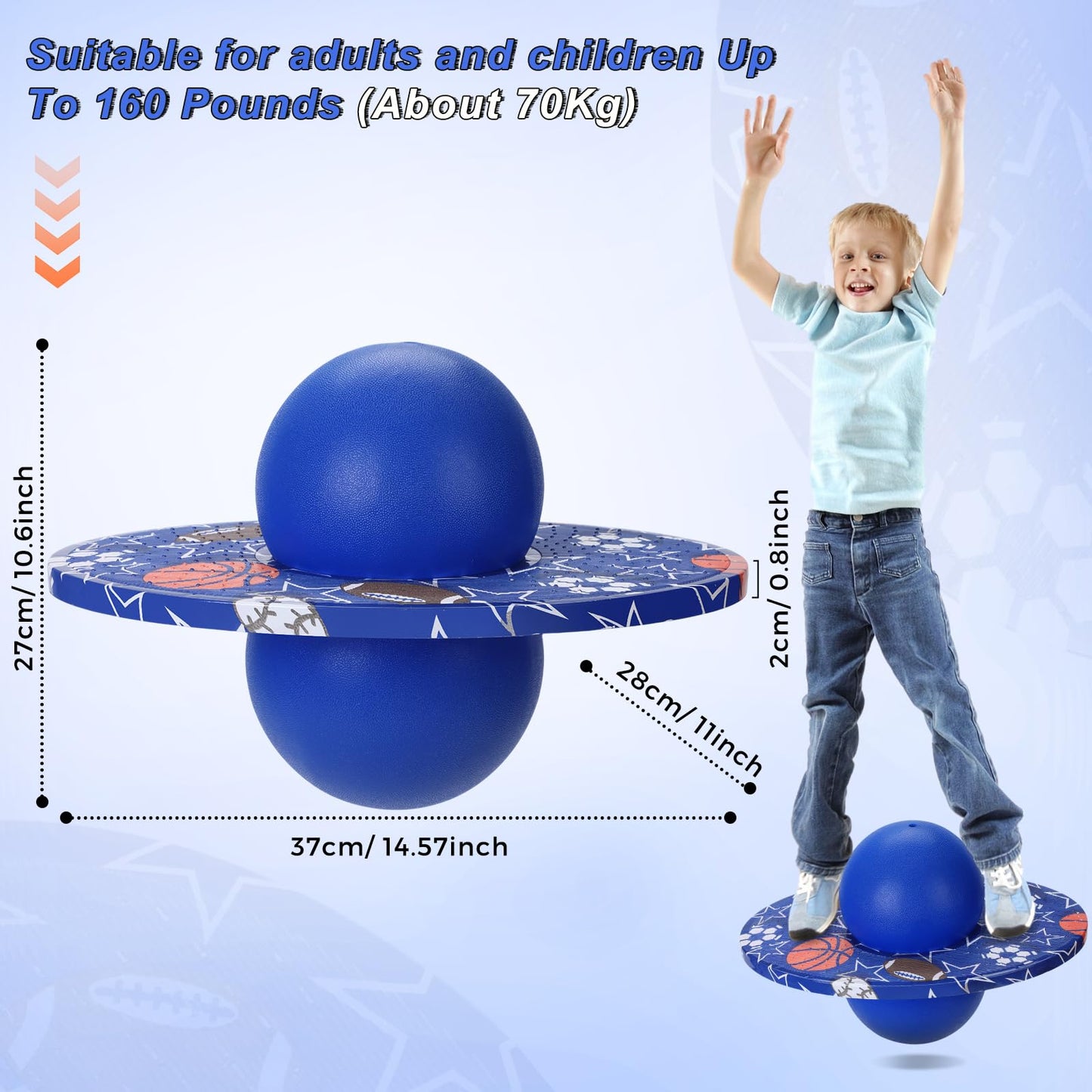 WinnerWhy Pogo Trick Ball for Kids, Up to 160lbs, Pogo Stick Jumper for Boys Girls Balance Bounce Board Ball with Pump Safe Fun Indoor Outdoor Gift Toy for Christmas(Blue, Orange,Sporty Style)