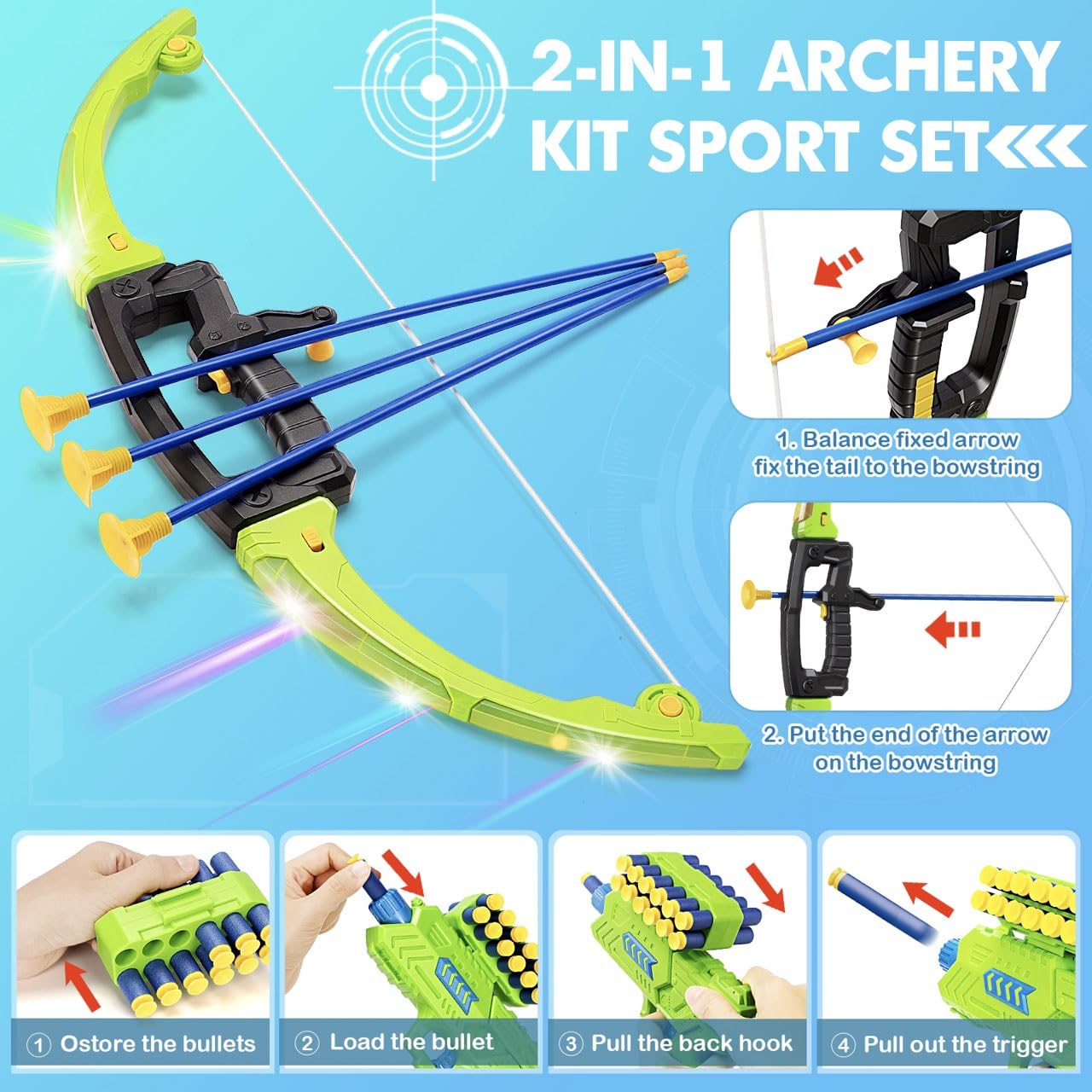 polokping 2 Pack Bow and Arrow Toy for 5 6 7 8 9 10+ Year Old Boys, Ideal Gift for Kids, Indoor Outdoor Shooting Game Toy for Ages 4-8 8-12, LED Light Up Archery Set with 12 Suction Cup Arrows
