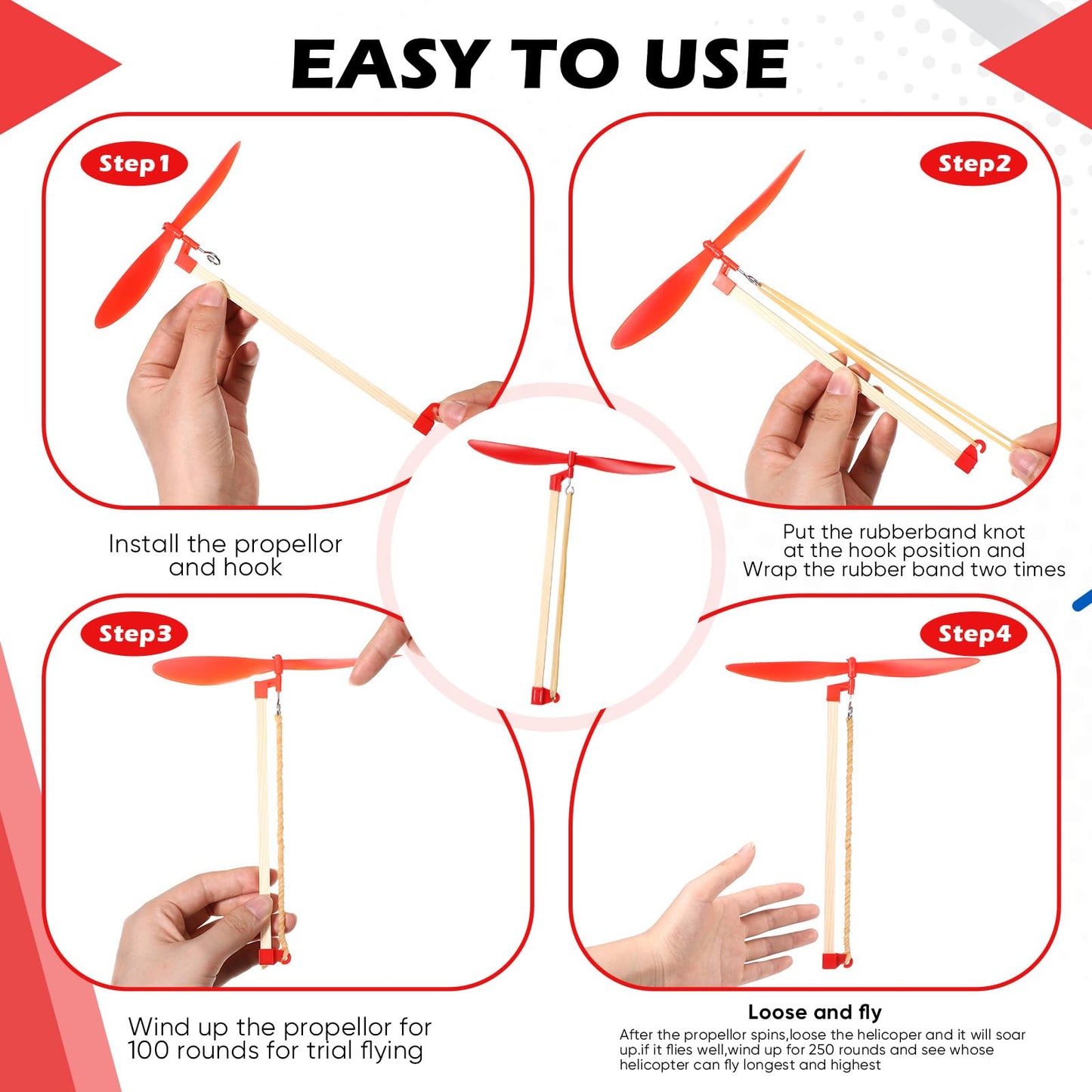 Leyndo 24 Set Helicopter Kit 6" Plastic Propeller for Stem Activities Propeller Blades with Rubber Band Wood Sticks for Airplanes and Helicopters from School and Research Institution (Red)