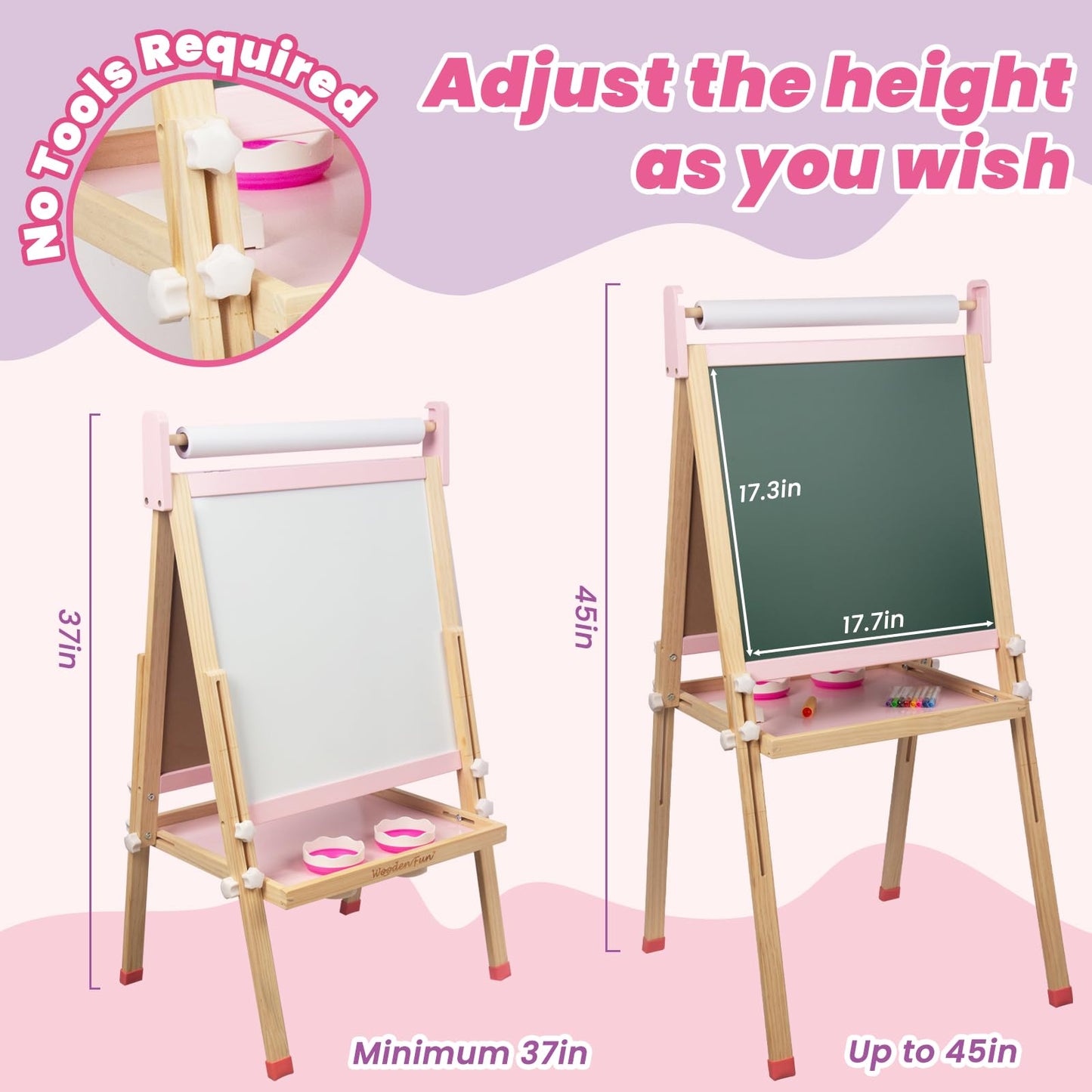 Kids Wooden Easel with Paper Roll, Adjustable Magnetic Double Sided Drawing Board Whiteboard & Chalkboard Dry Easel Board, Children Art Easel for 3-12 Years Kids Boys Girls Painting Drawing (Pink)
