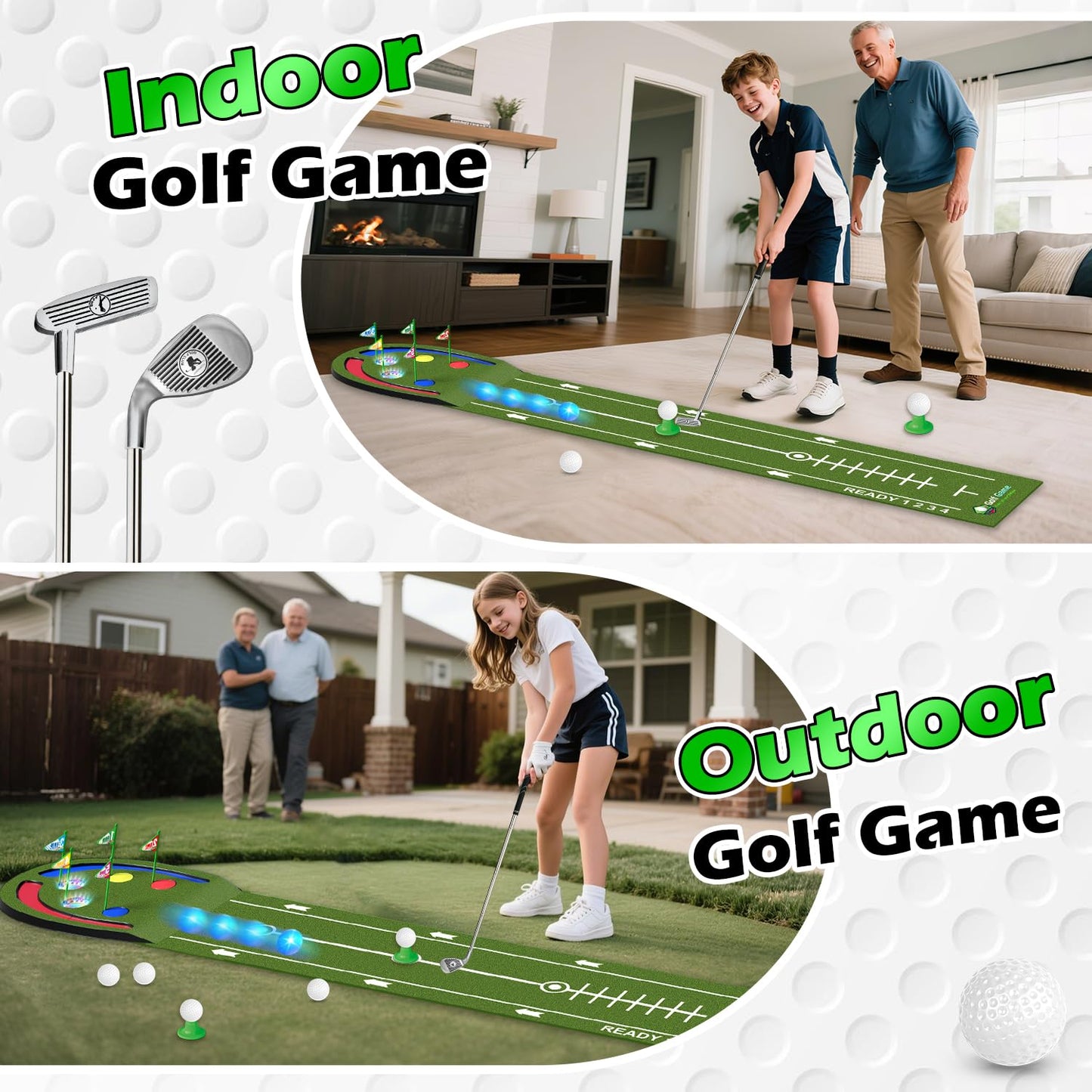 TERRAMUS Upgraded Golf Putting Mat for Kids, Putting Green with LED Light up Holes, Glowing Balls, 2 Clubs, Toy Golf Set, Golfing Mats Indoor Outdoor, Sport Game Golf Gift for for Kids Teens Family