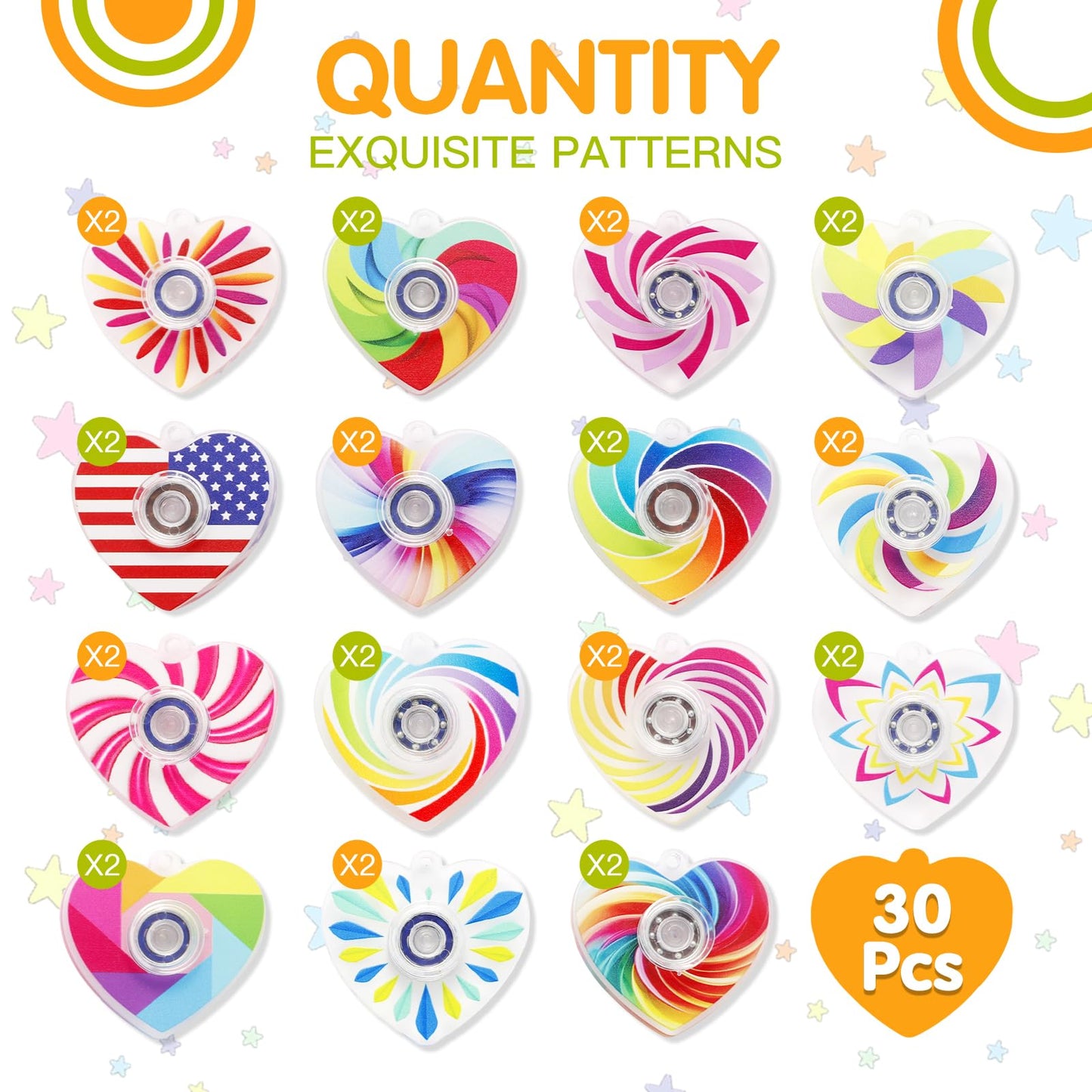 Heart Fidget Spinner Party Favors, 30 Pack, 2-in-1 Sensory Rotating Pendant Toys, Stress Reducer for Kids and Adults, Autism Anxiety Relief, Classroom Rewards