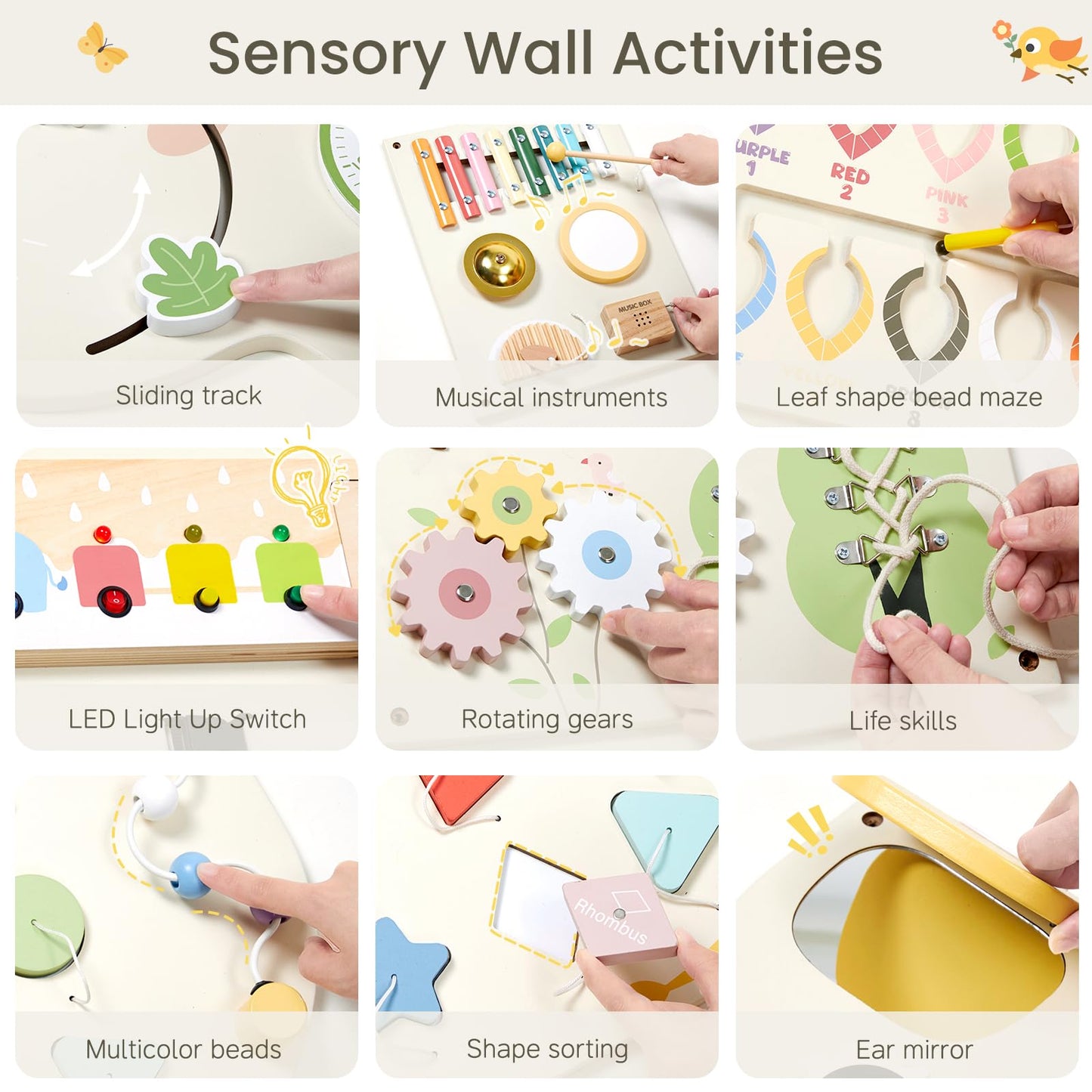 Elephant Activity Wall Busy Board Panels,Wooden Montessori Learning Activity Center Sensory Toys Wooden Sensory Wall Panel for Kids Ideal Furniture for Playroom Daycare Dentist Waiting Room Nursery