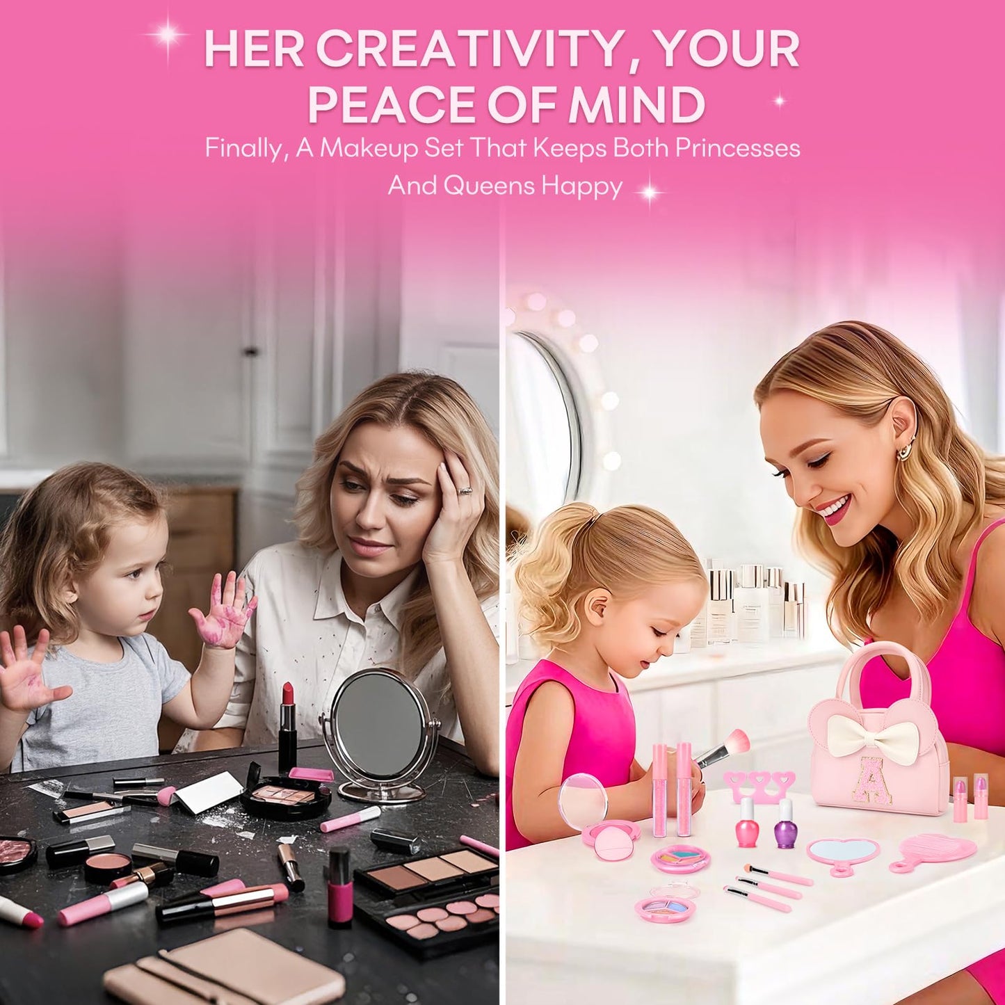 Kids Real Makeup Kit for Girls - 18Pcs Non-Toxic Washable Make Up Toys with Initial Toddler Purse - Personalized Birthday Gifts for Age 3 4 5 6 7 8 9 10 Years Old Girls Vanity Set - S