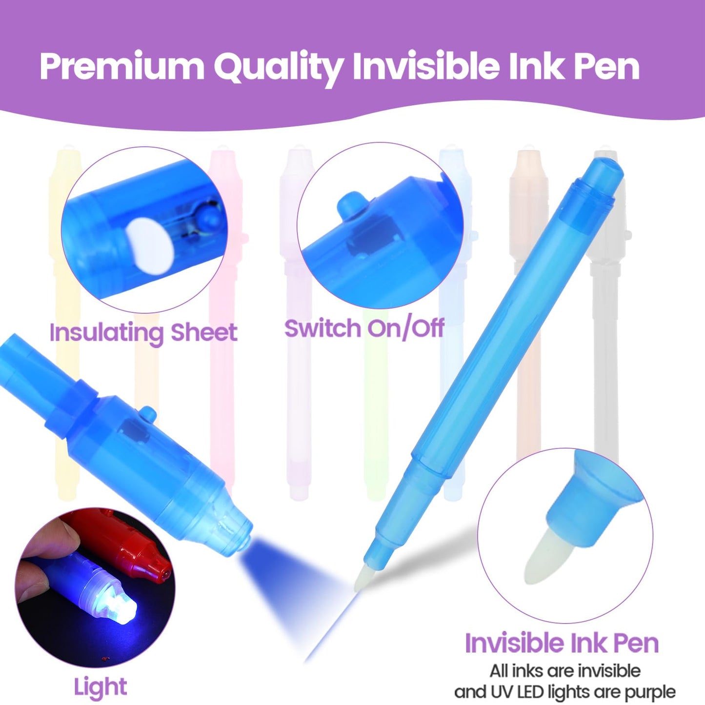 GUKAZH 8 Pcs Spy Pens Invisible Ink Pen with UV Light Magic Marker for Secret Message School Classroom Prizes for Students Party Favors Birthday Valentine's Day Christmas Party Goodies Gift Toy Age 3+