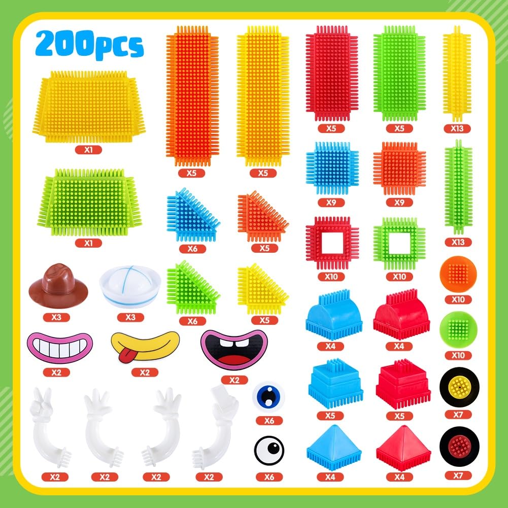 teytoy 200Pcs Building Blocks Toys, Bristle Shape Building Blocks Set STEM Interlocking Construction Learning Toys for Kids Ages 3+