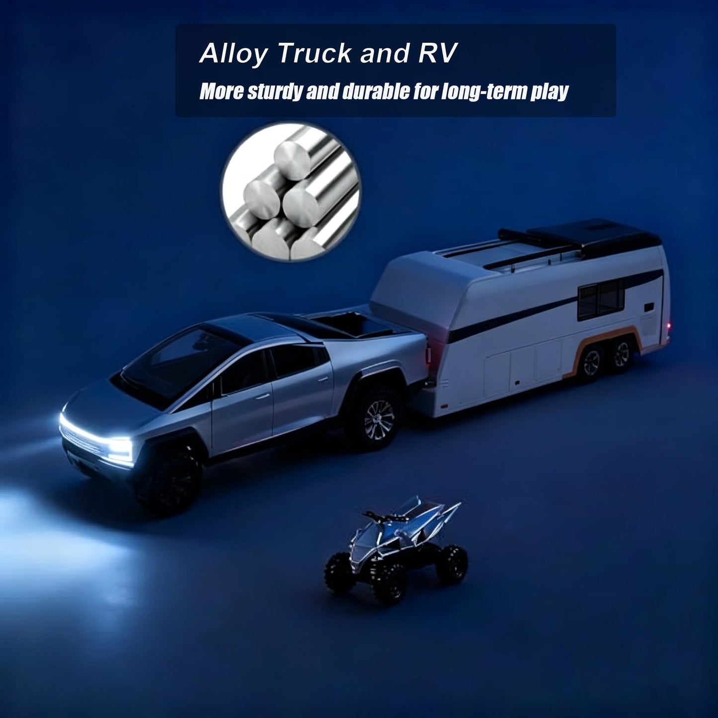 RCOOS Toy Car Alloy Truck Set with Trailer and Motorcycle Cyberpickup Toy with Sound and Light Effect Pull Back Vehicle RV Toy EV Model Ideal Gift for Kids Boys Girls Adult Age for 3+