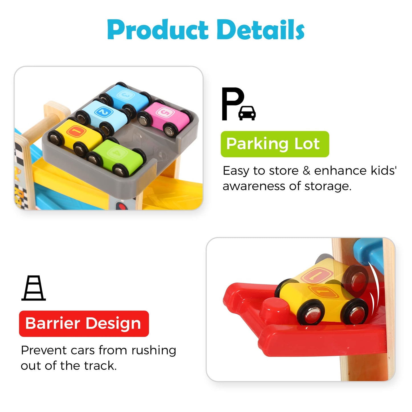 Belleur Montessori Toy for 1-3 Years Old Boys and Girls, Kid Race Track Car for Toddlers with 5 Mini Cars & 5 Ramps, Wooden Montessori Car Ramp Toy Set for Babies' Birthday Gifts, Visit Gifts