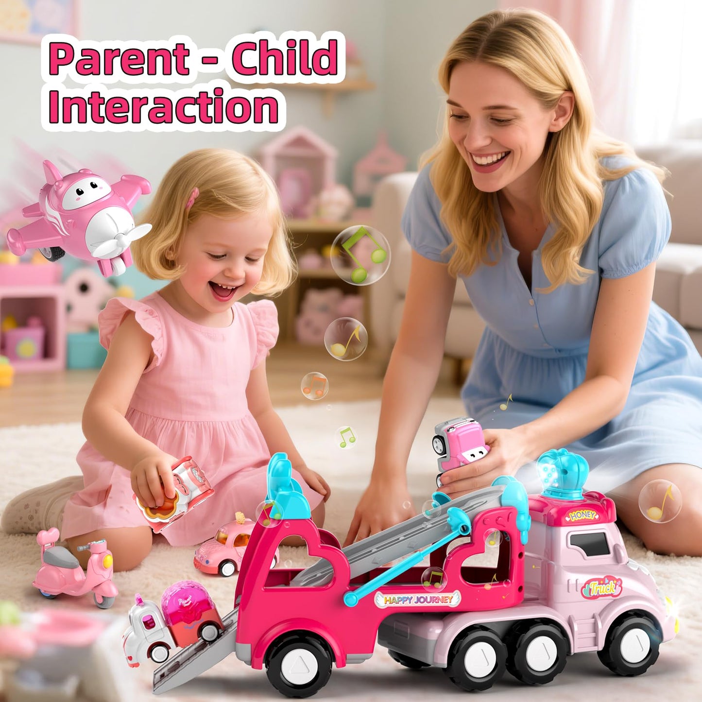 usrela Truck Toys for 2 3 Year Old Girl, 7-in-1 Carrier Truck Car for Toddler Girl, Toys Cars Age 2-3-4 with Light & Music, Birthday Gifts for 2+ 3+ Year Old Girls