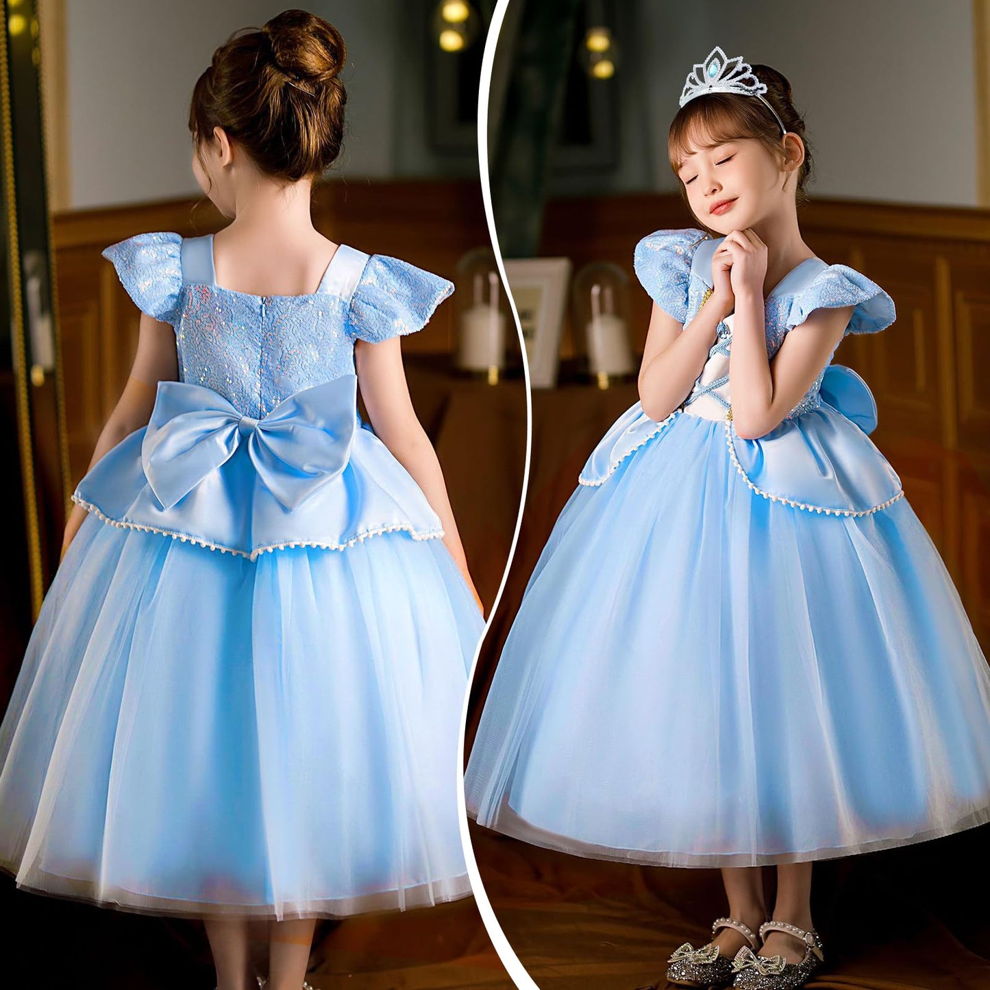 G.C 11PCS Light Up Cinderella Costume Dress for Girls Kids Princess Dress Up Clothes with Crown Wand Earrings Necklace Gloves Toys Accessories Halloween Cosplay Outfit for Little Girls Toddlers