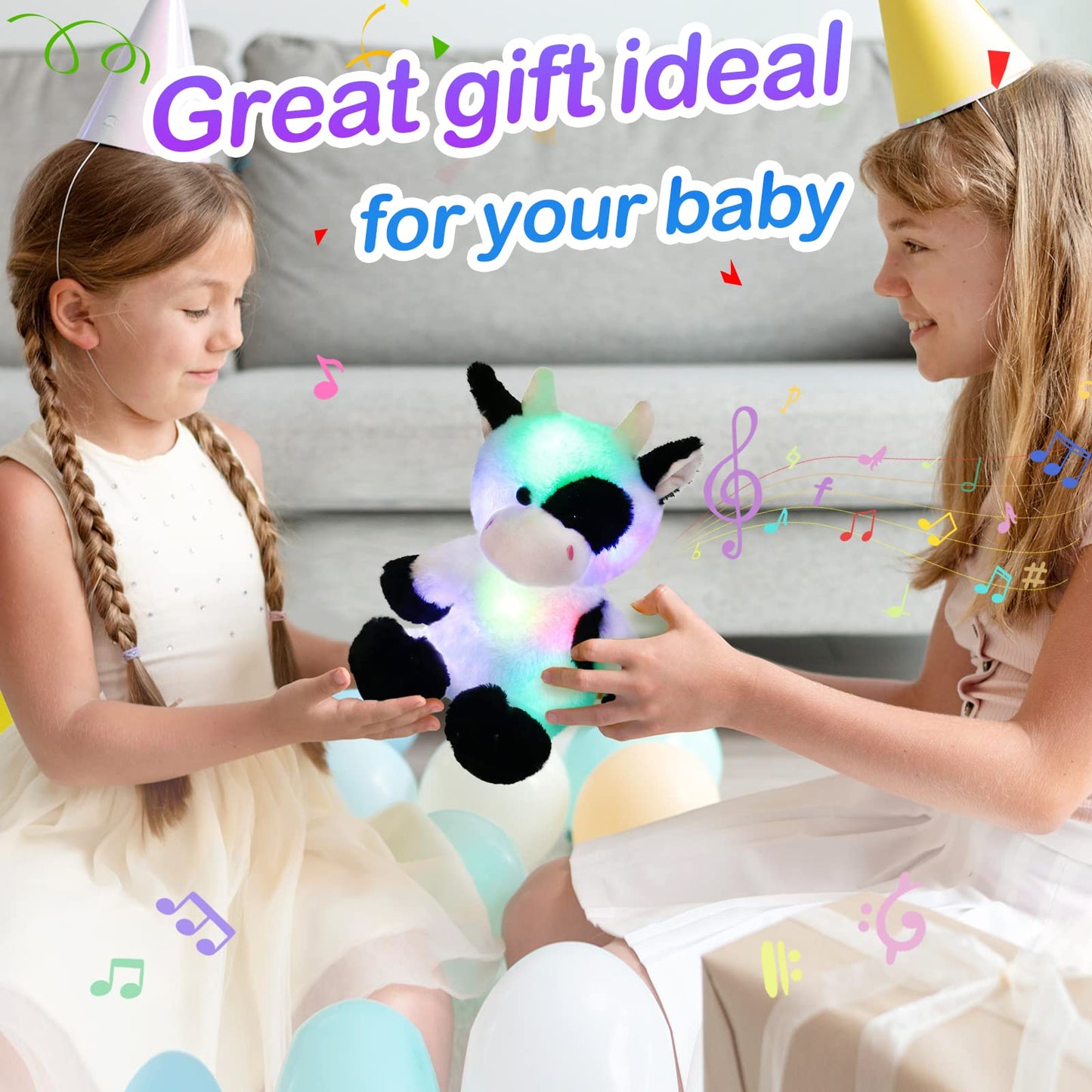 Glow Guards 15'' Light up Music Cow Stuffed Animals Glowing Singing Soft Plush Toy with Lullaby Songs LED Night Lights for Birthday Gifts Toddler Kids Nap Time Pal